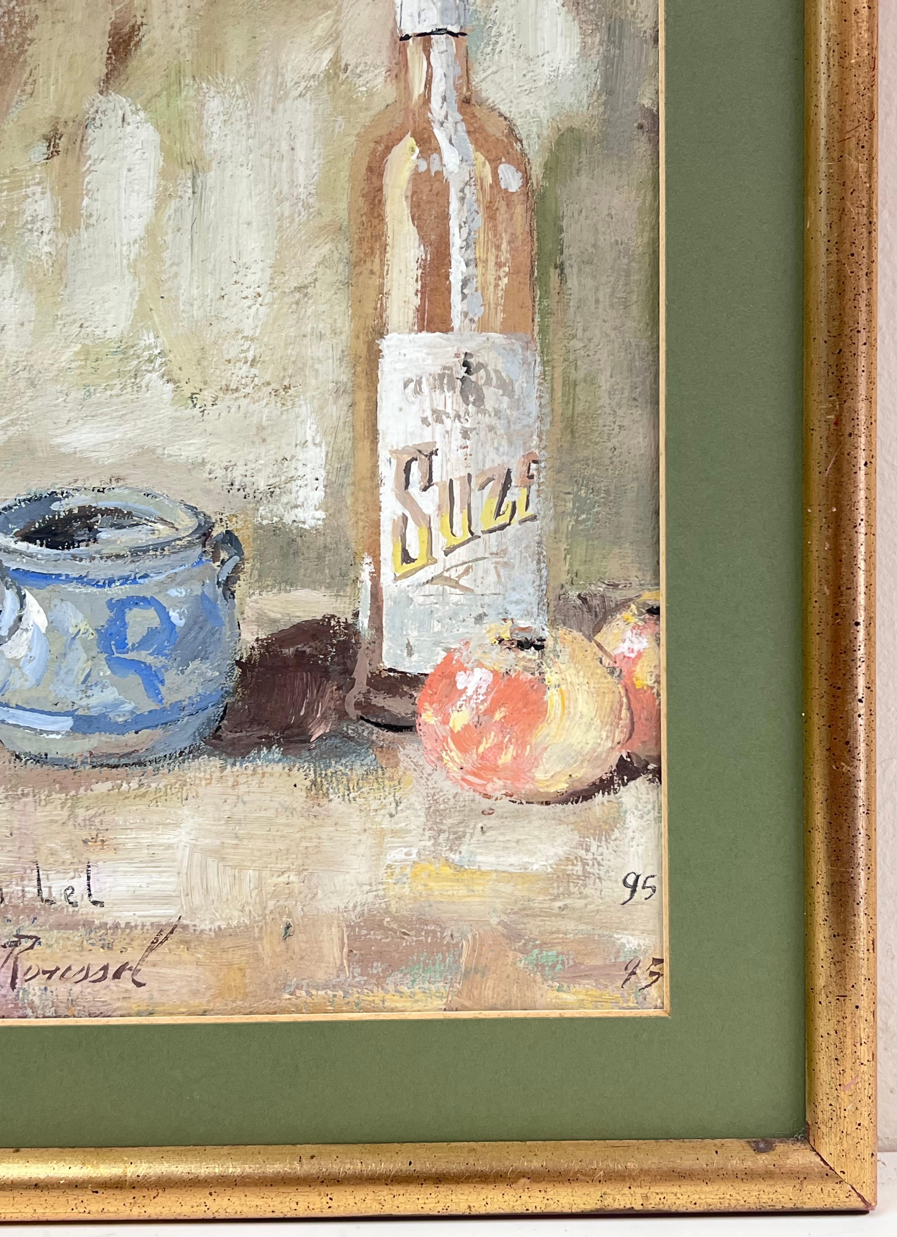French Impressionist Interior Rose Wine + Apples Still Life Framed Painting For Sale 1