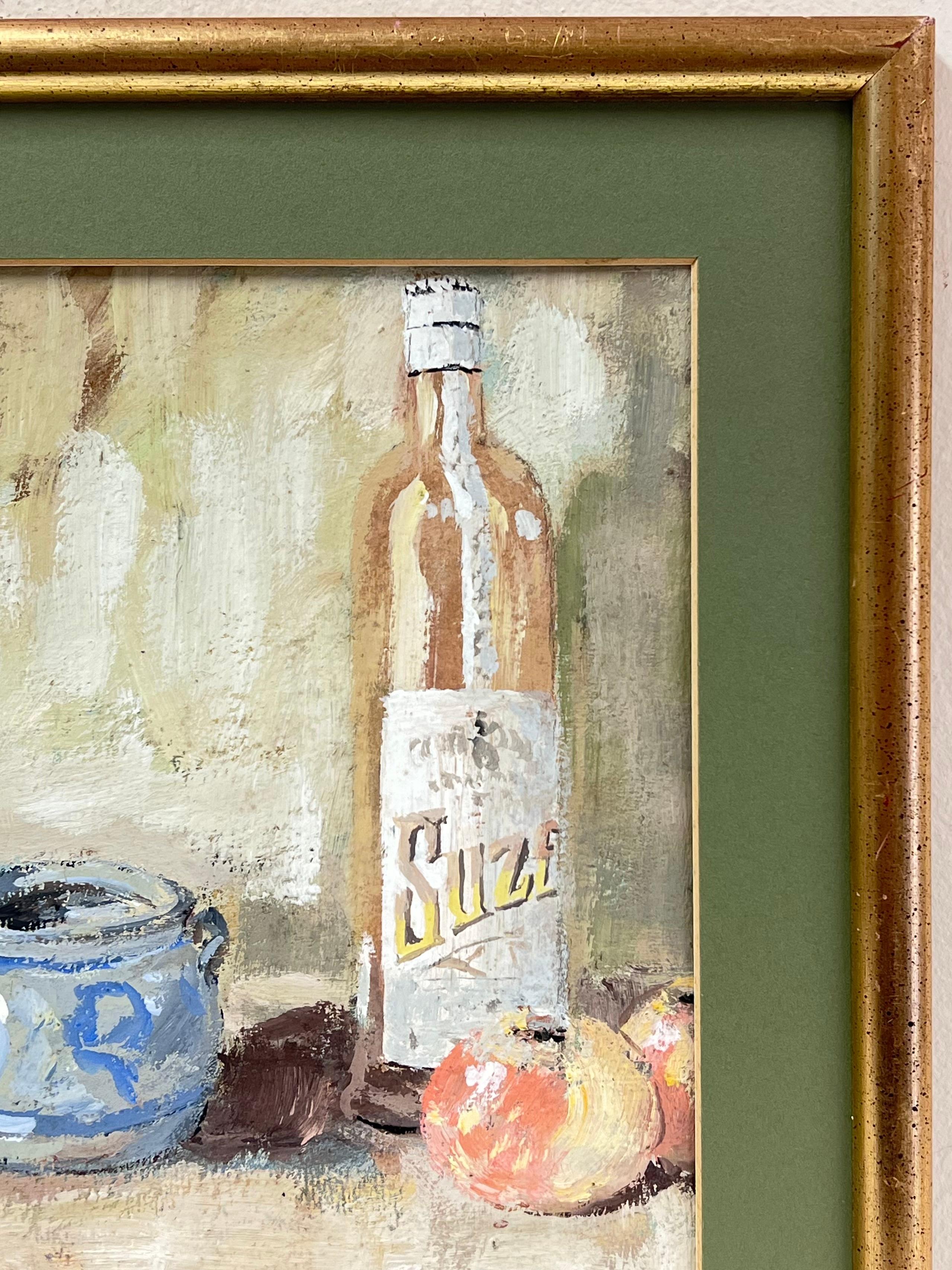 French Impressionist Interior Rose Wine + Apples Still Life Framed Painting For Sale 2