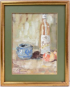 French Impressionist Interior Rose Wine + Apples Still Life Framed Painting