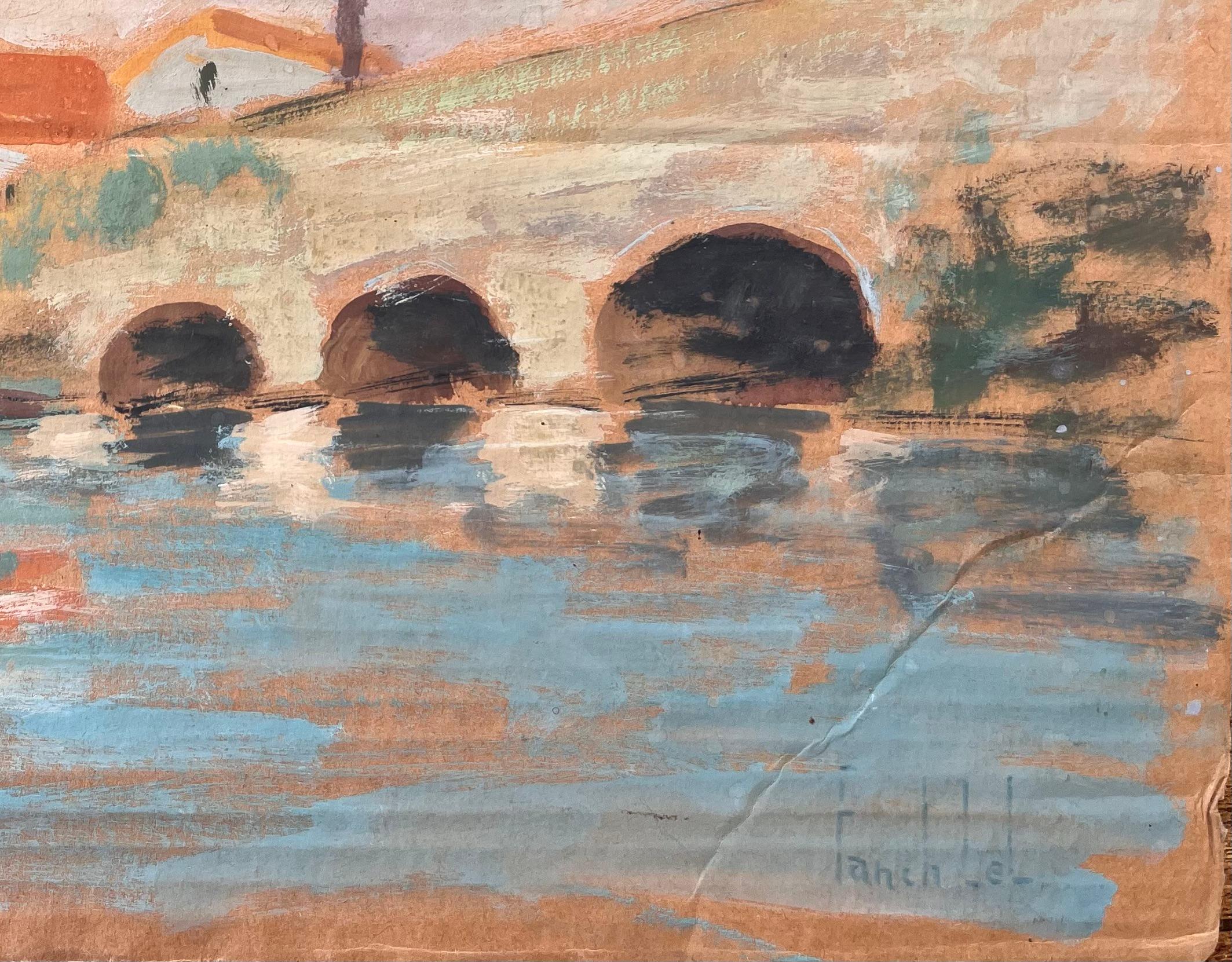Französischer Impressionismus Landschaft von Brunoy und die alte Brücke von Boussy (Braun), Abstract Painting, von Fanch Lel
