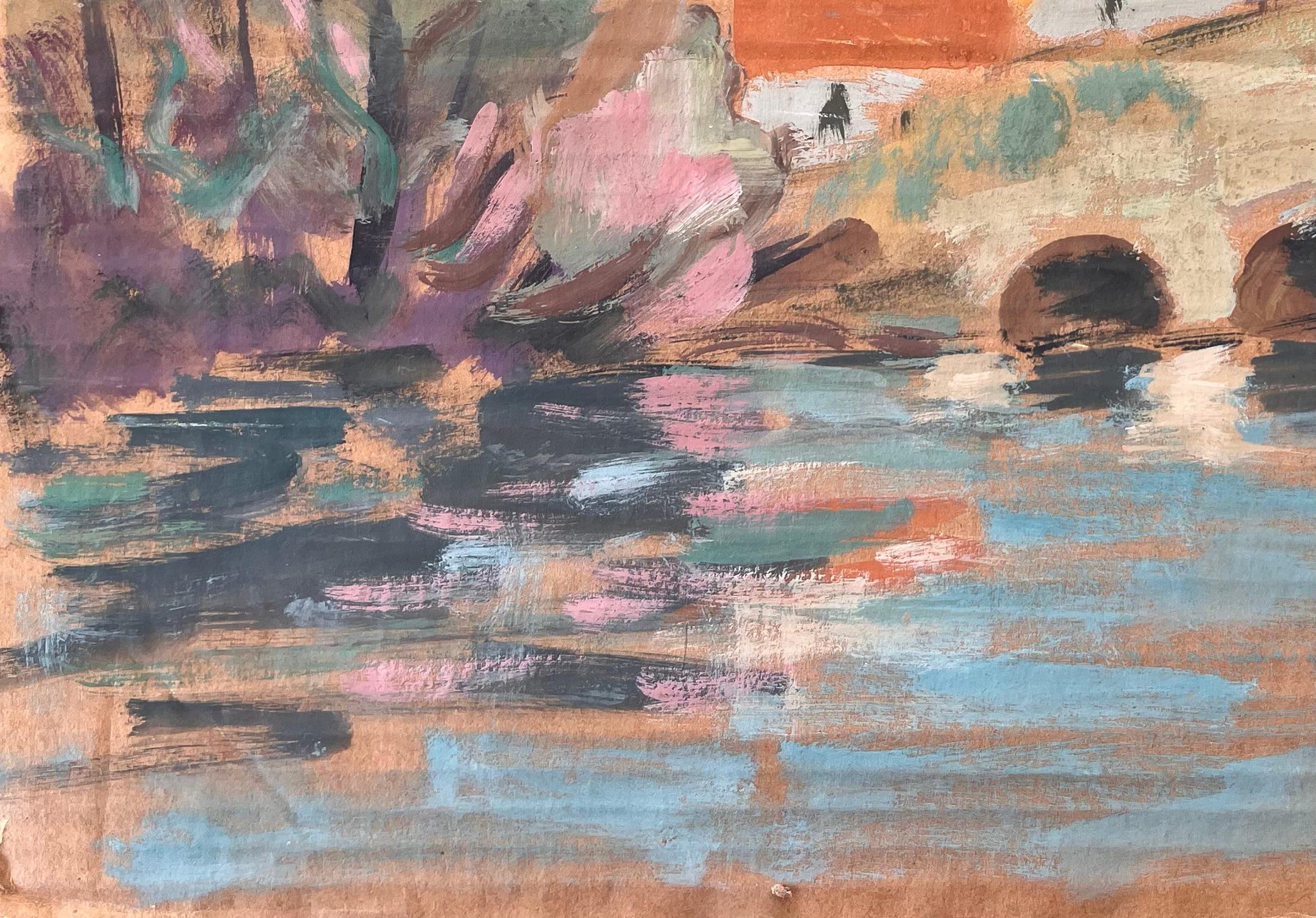 Titel: Französischer Impressionismus - Landschaft von Brunoy und die alte Brücke von Boussy
Von Fanch Lel
Unterschrieben: Ja
Größe: 10,75 x 13,75 Zoll (Höhe x Breite)
Gouache-Malerei auf Karton, ungerahmt
Zustand: Das Gemälde ist in gutem Zustand