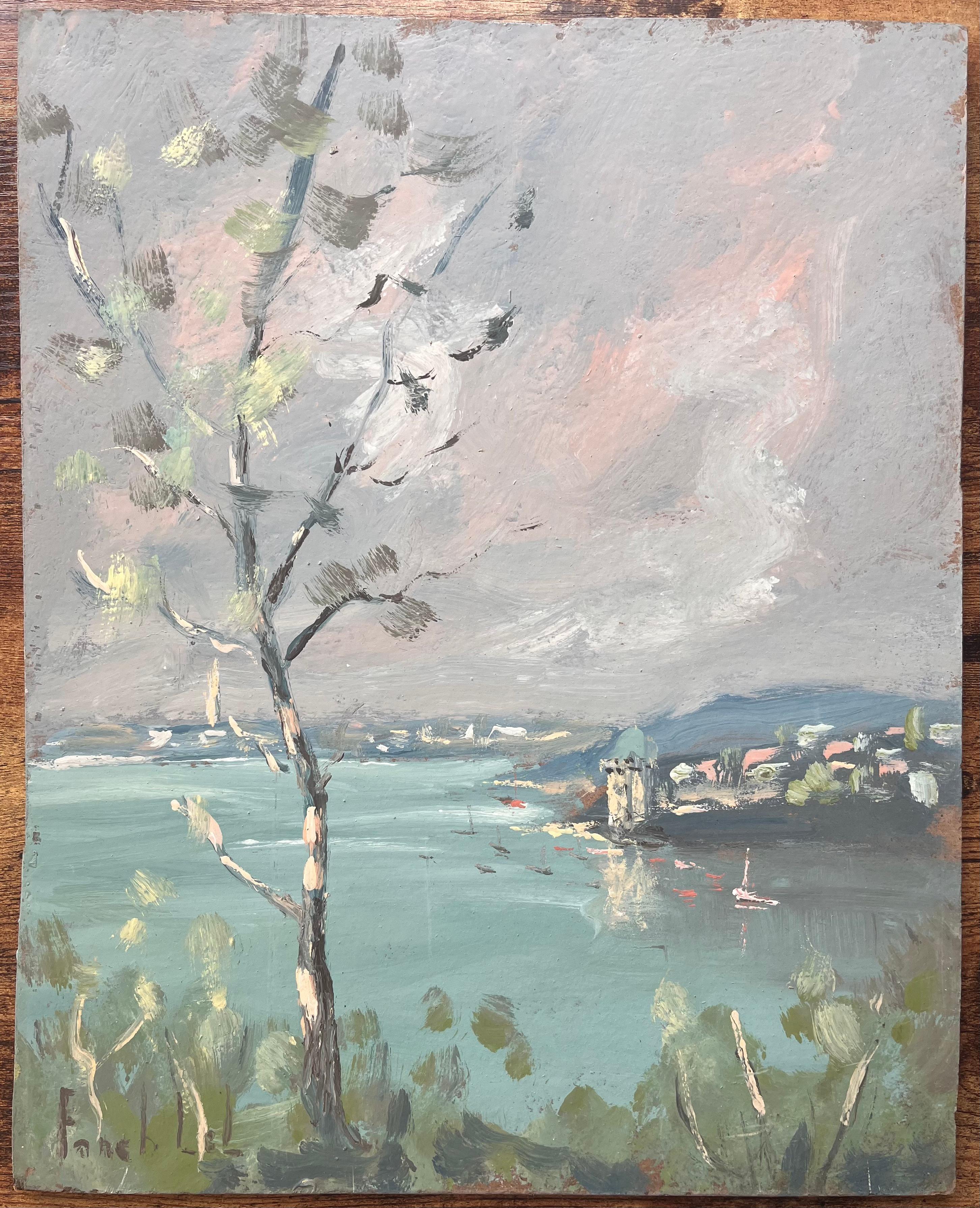 Französischer Impressionismus - Landschaft einer Townes am See mit Birken und Booten – Painting von Fanch Lel