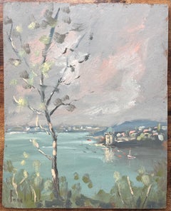 French Impressionist Landscape of Lakeside Town with Birch Tree and Boats