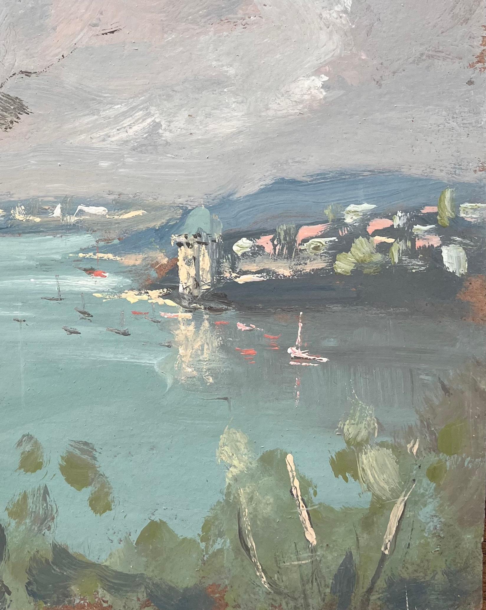 Französischer Impressionismus - Landschaft einer Townes am See mit Birken und Booten (Grau), Abstract Painting, von Fanch Lel