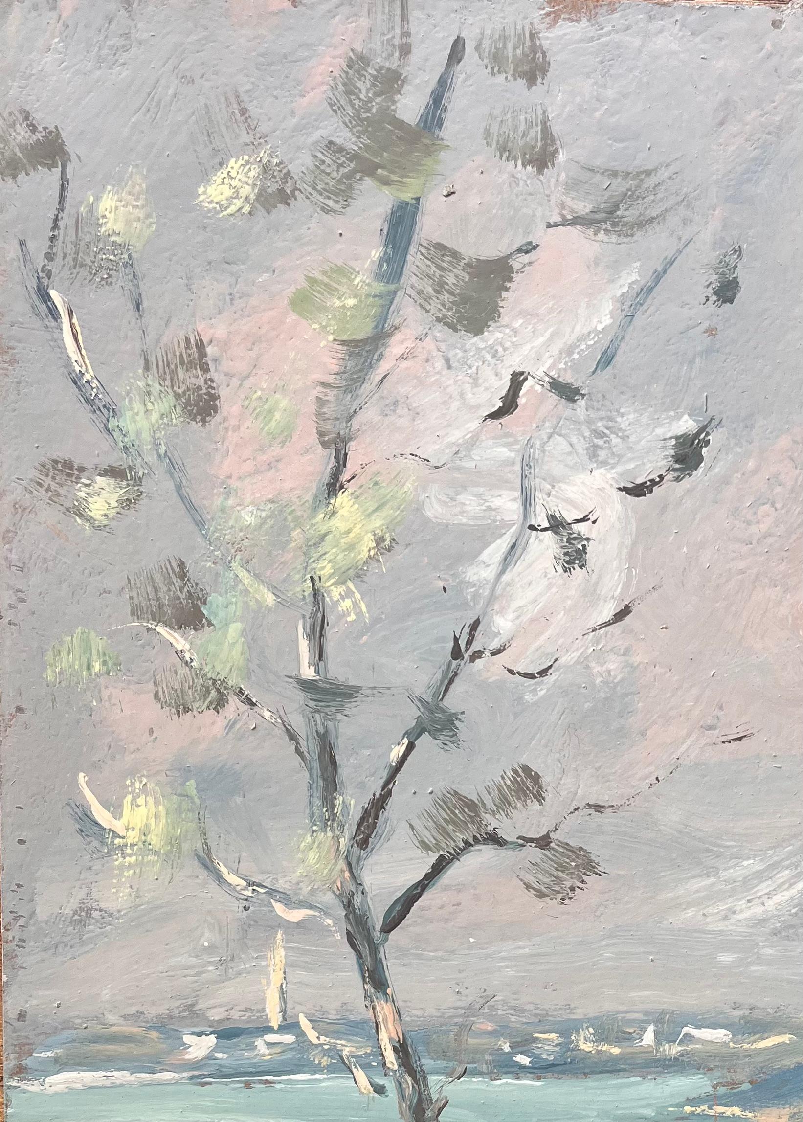 Französischer Impressionismus - Landschaft einer Townes am See mit Birken und Booten im Angebot 1