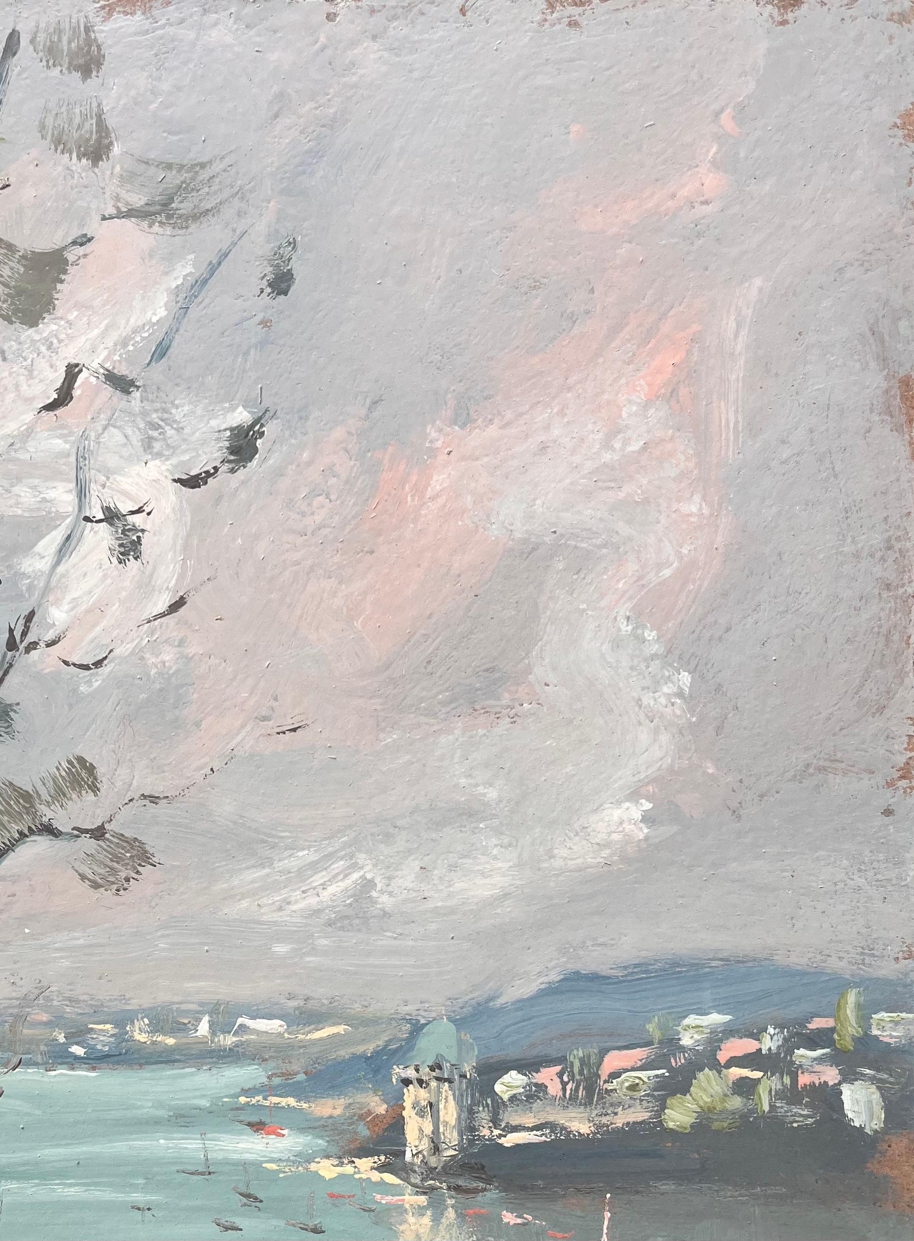 Französischer Impressionismus - Landschaft einer Townes am See mit Birken und Booten im Angebot 2