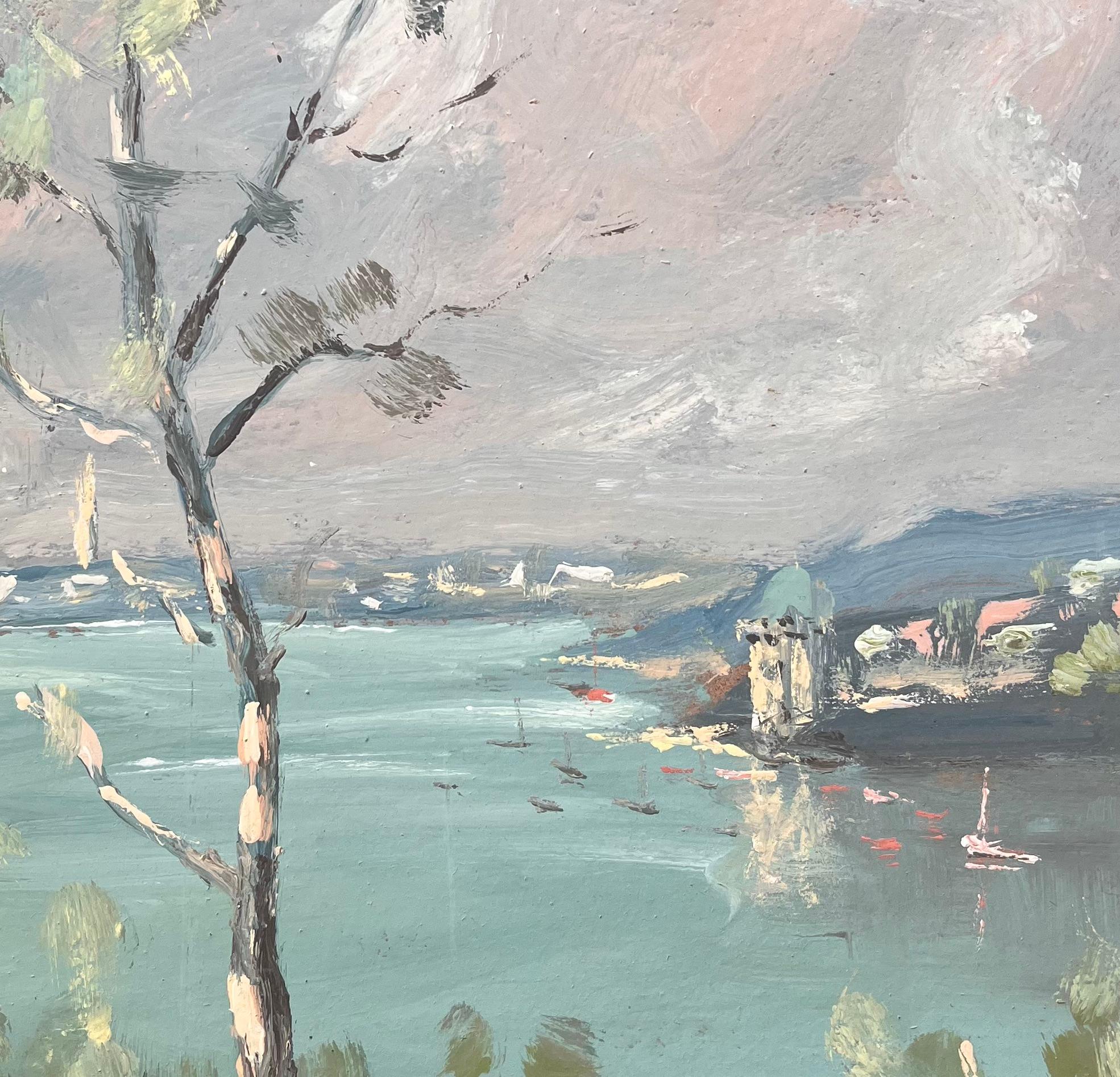 Französischer Impressionismus - Landschaft einer Townes am See mit Birken und Booten im Angebot 3