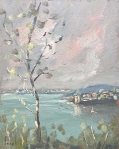 French Impressionist Landscape of Lakeside Town with Birch Tree and Boats