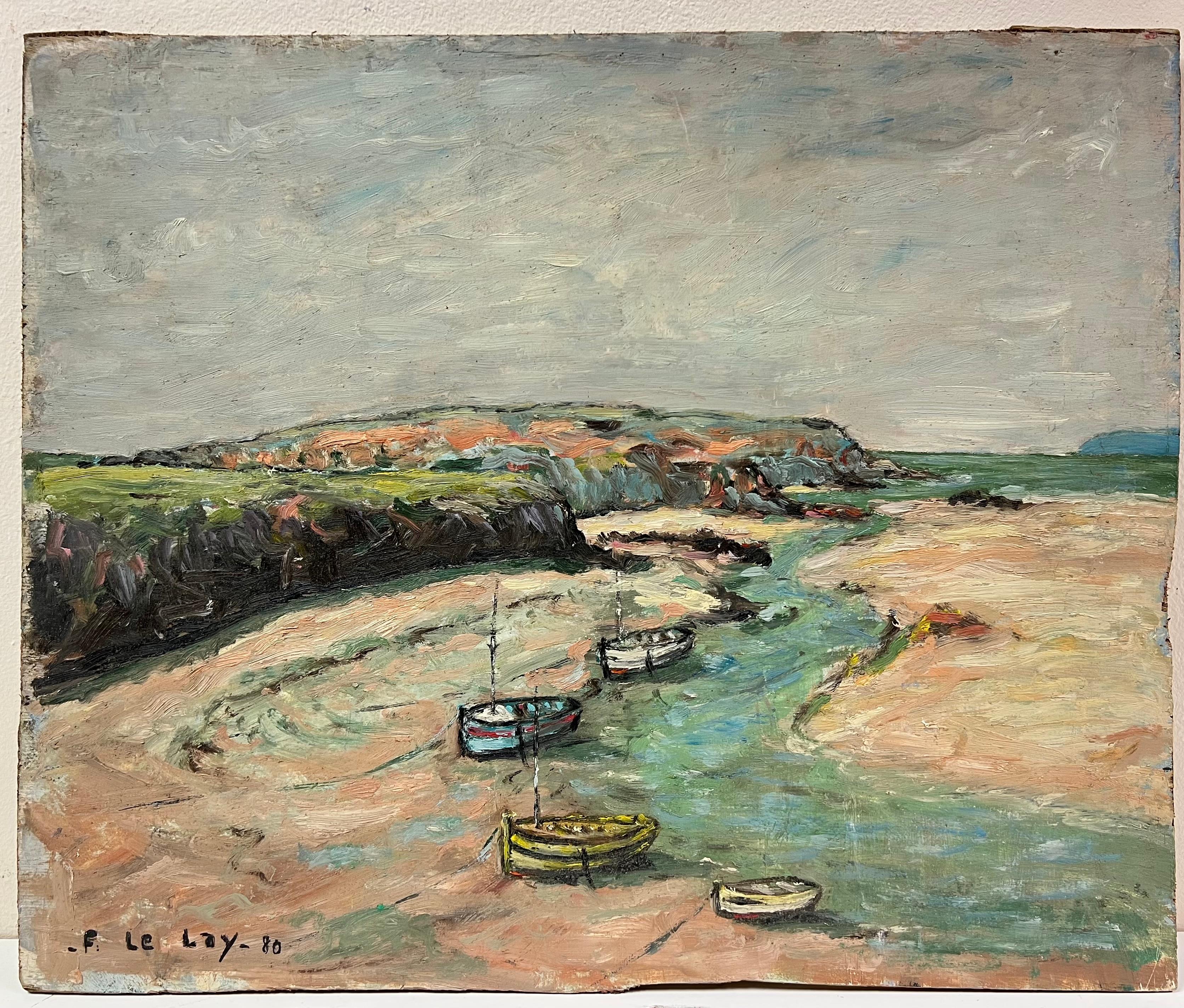 Paisaje impresionista francés con barcos amarrados y acantilados ondulantes - Painting de Fanch Lel