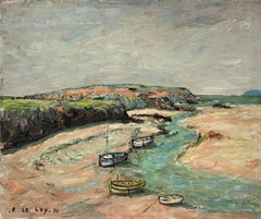 French Impressionist Landscape with Moored Boats and Rolling Cliffs