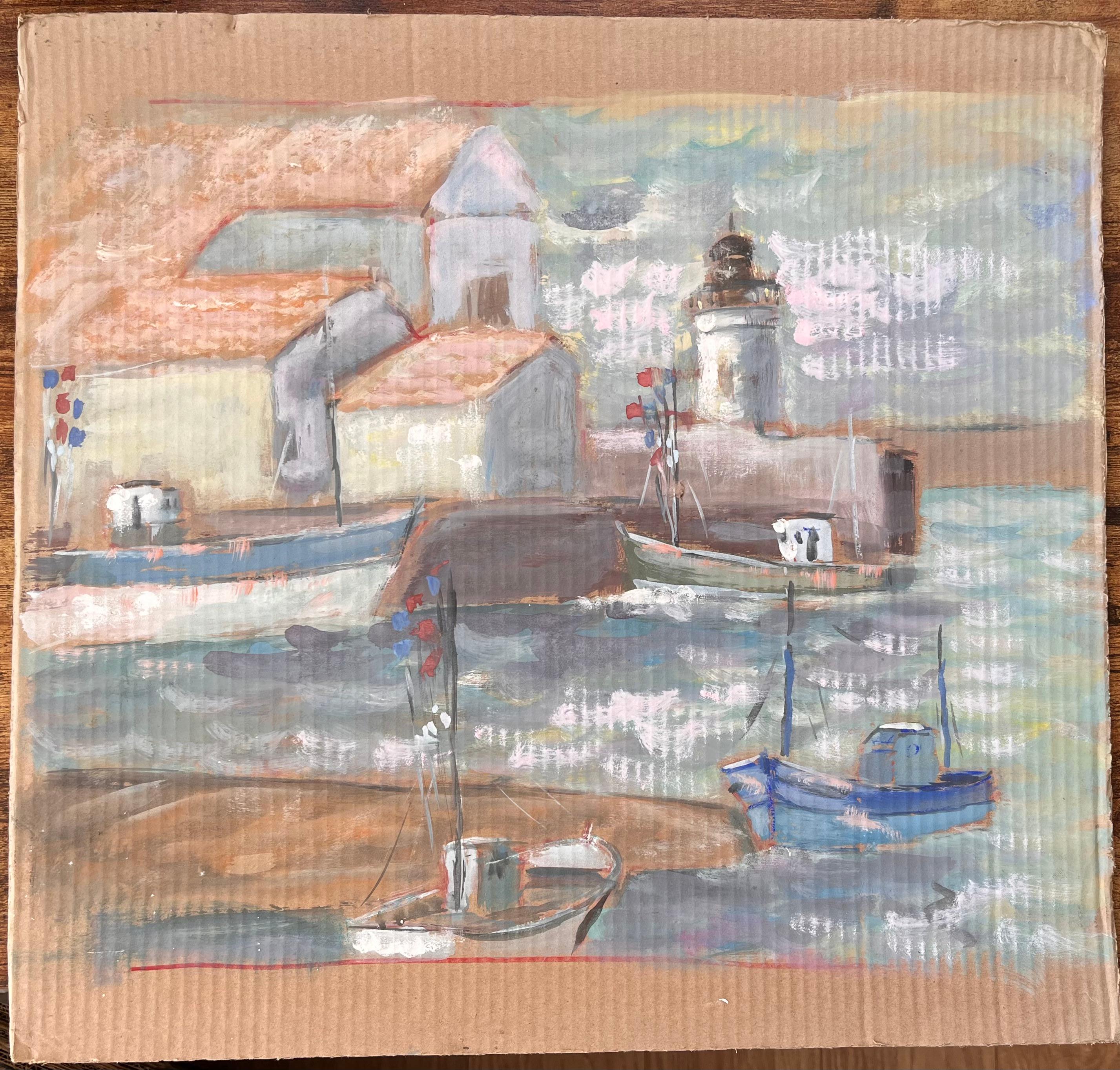 Französischer Impressionist Leuchtturm Hafenszene mit Booten und roten Ziegeldächern – Painting von Fanch Lel