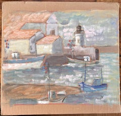 French Impressionist Lighthouse Harbour Scene with Boats and Red Tile Roofs
