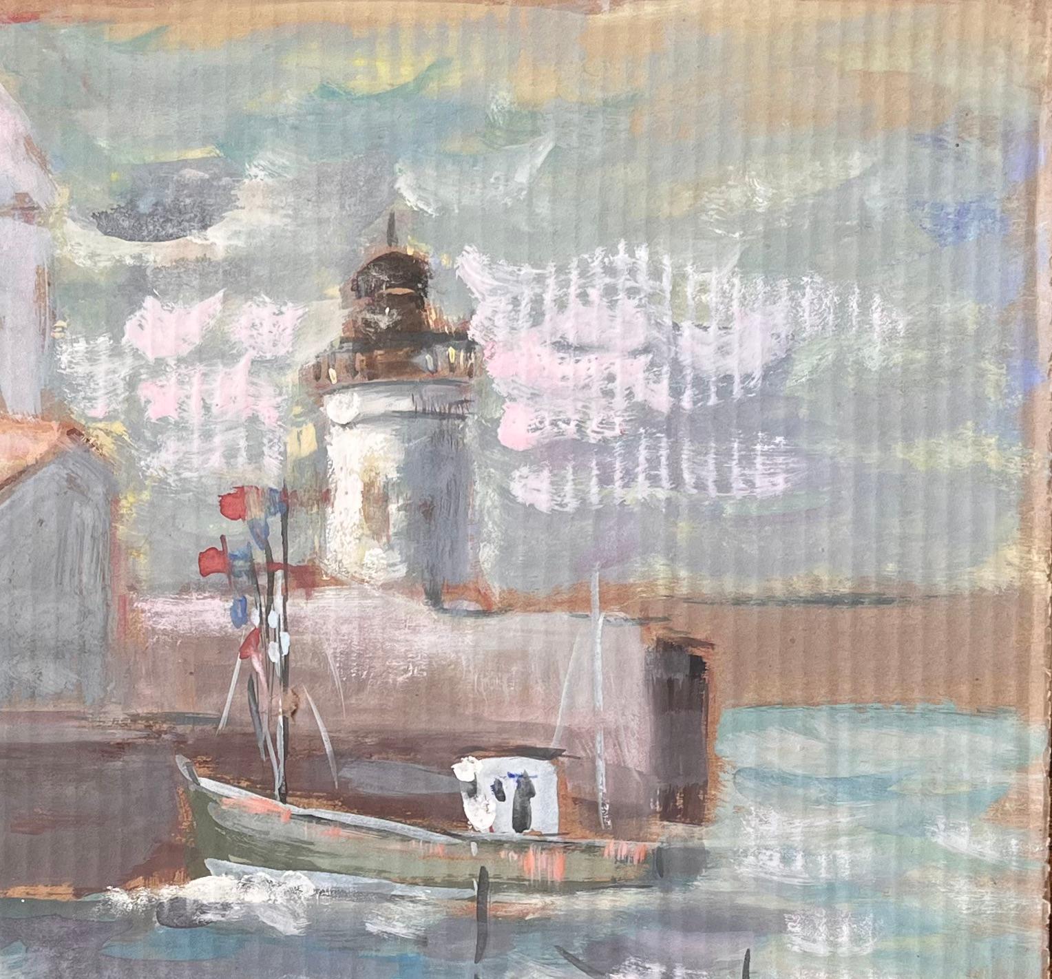 Französischer Impressionist Leuchtturm Hafenszene mit Booten und roten Ziegeldächern (Impressionismus), Painting, von Fanch Lel