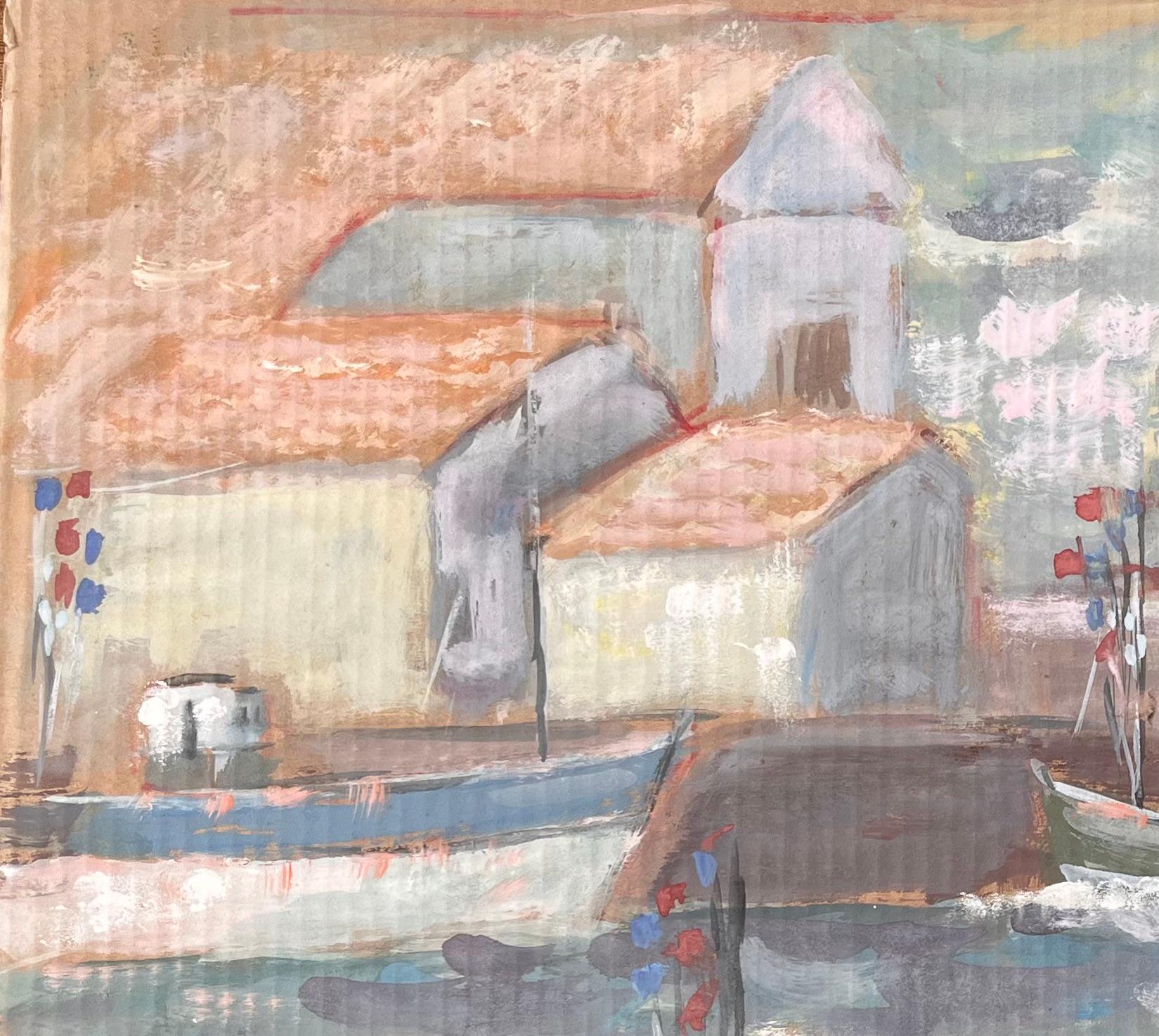 Französischer Impressionist Leuchtturm Hafenszene mit Booten und roten Ziegeldächern (Grau), Landscape Painting, von Fanch Lel