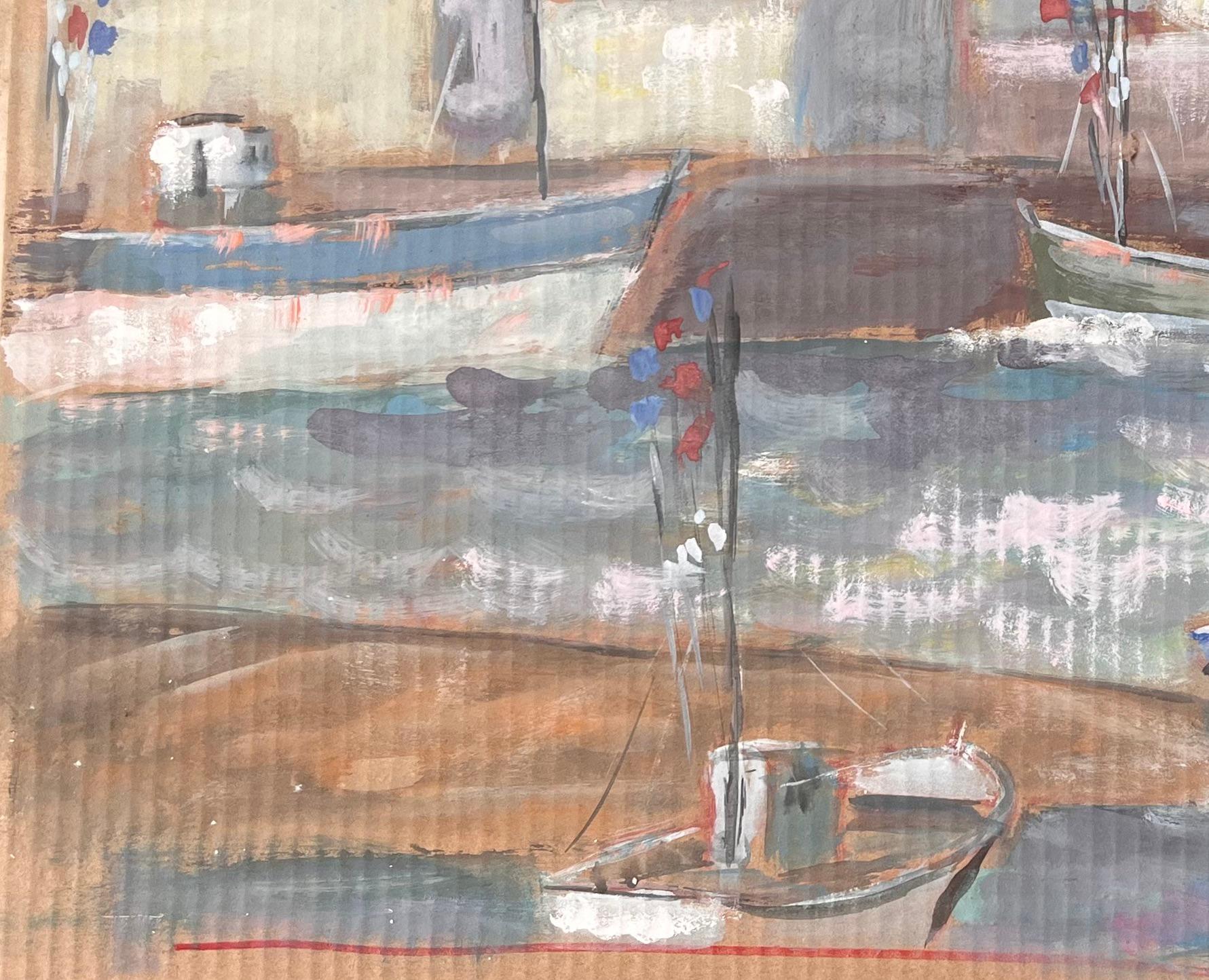 Französischer Impressionist Leuchtturm Hafenszene mit Booten und roten Ziegeldächern im Angebot 1