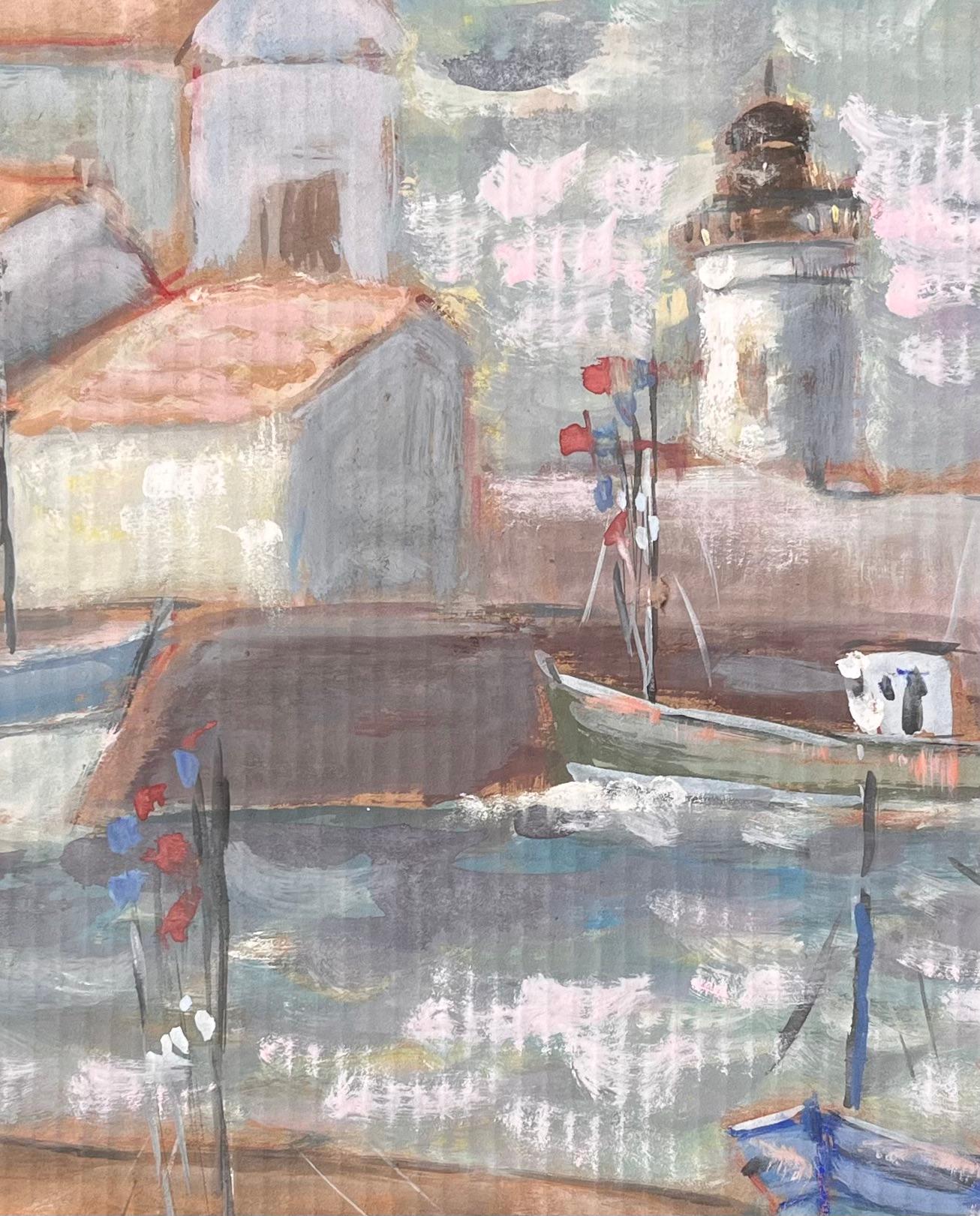 Französischer Impressionist Leuchtturm Hafenszene mit Booten und roten Ziegeldächern im Angebot 2