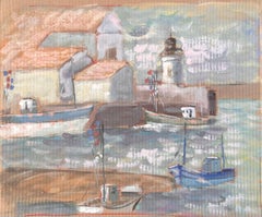 Used French Impressionist Lighthouse Harbour Scene with Boats and Red Tile Roofs