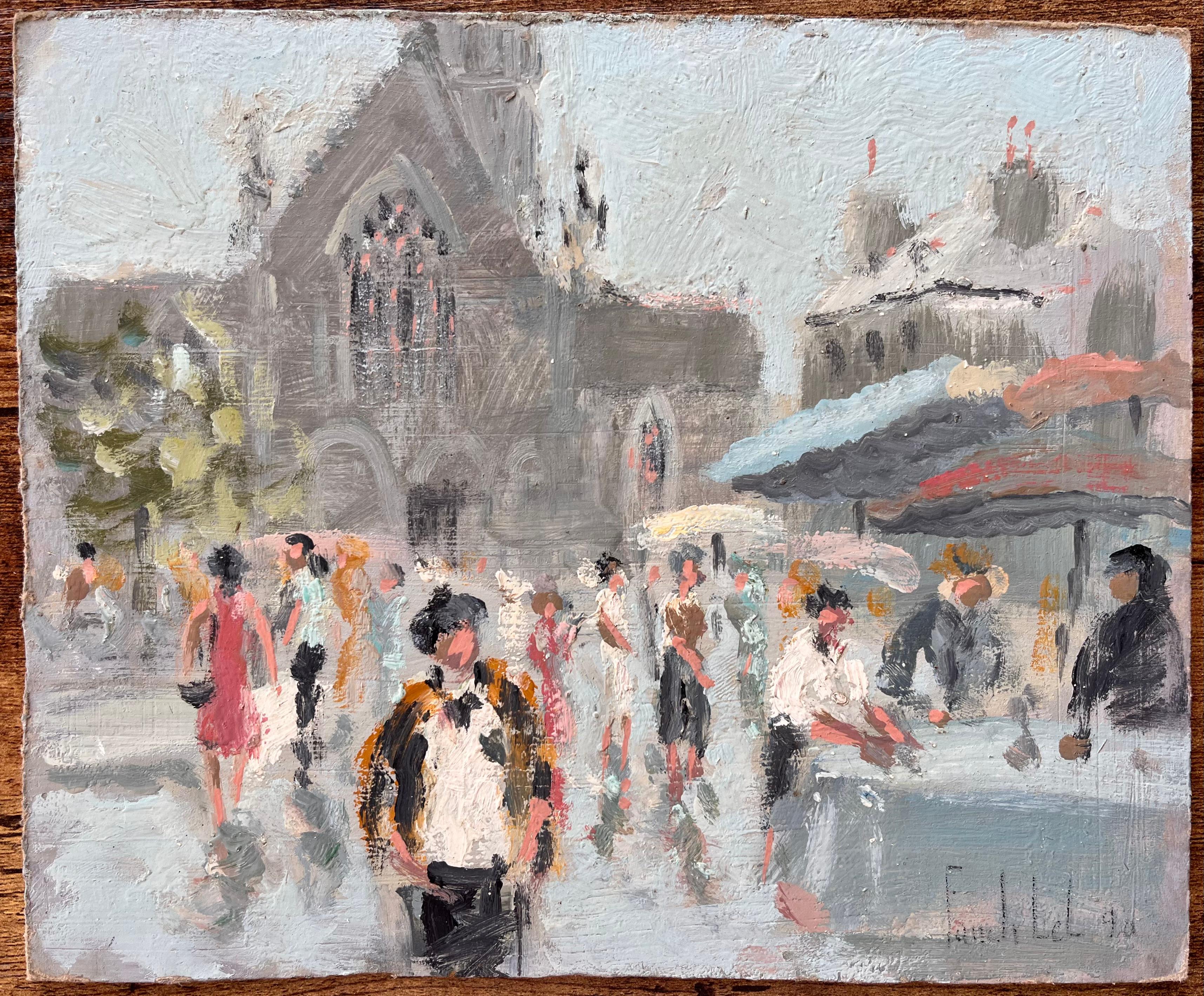 Scène de marché impressionniste française à Dinan avec église et personnages - Painting de Fanch Lel