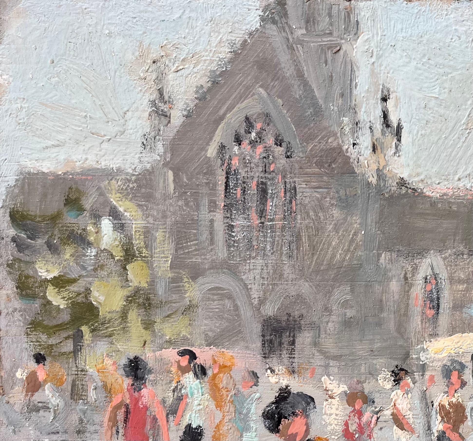 Scène de marché impressionniste française à Dinan avec église et personnages - Impressionnisme Painting par Fanch Lel