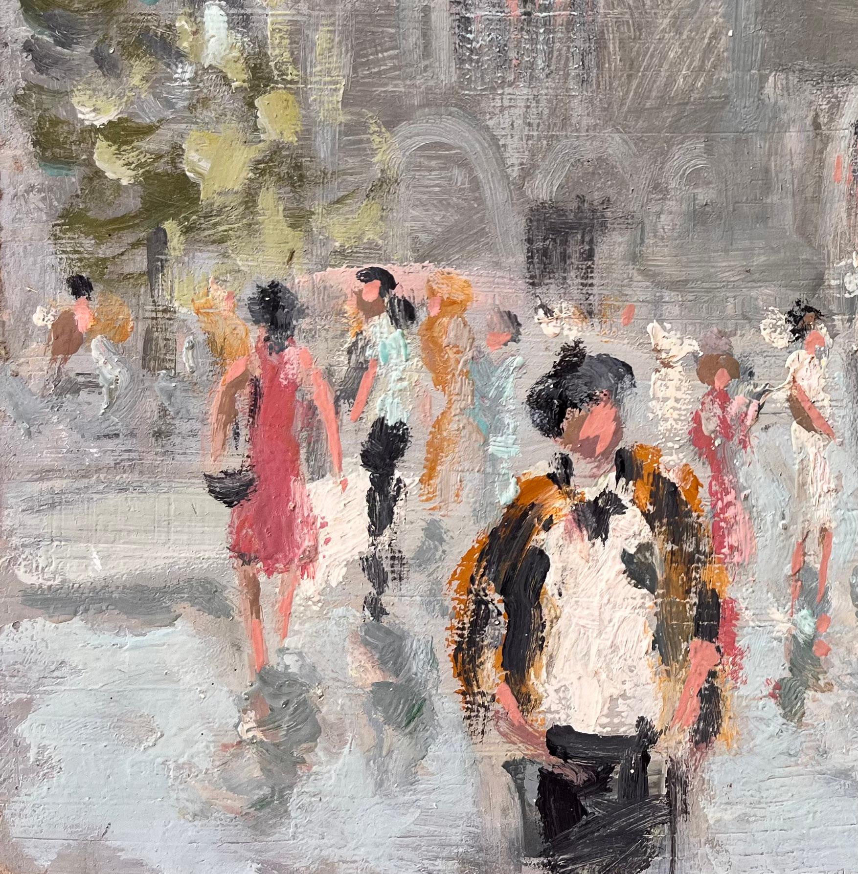 Scène de marché impressionniste française à Dinan avec église et personnages - Gris Landscape Painting par Fanch Lel