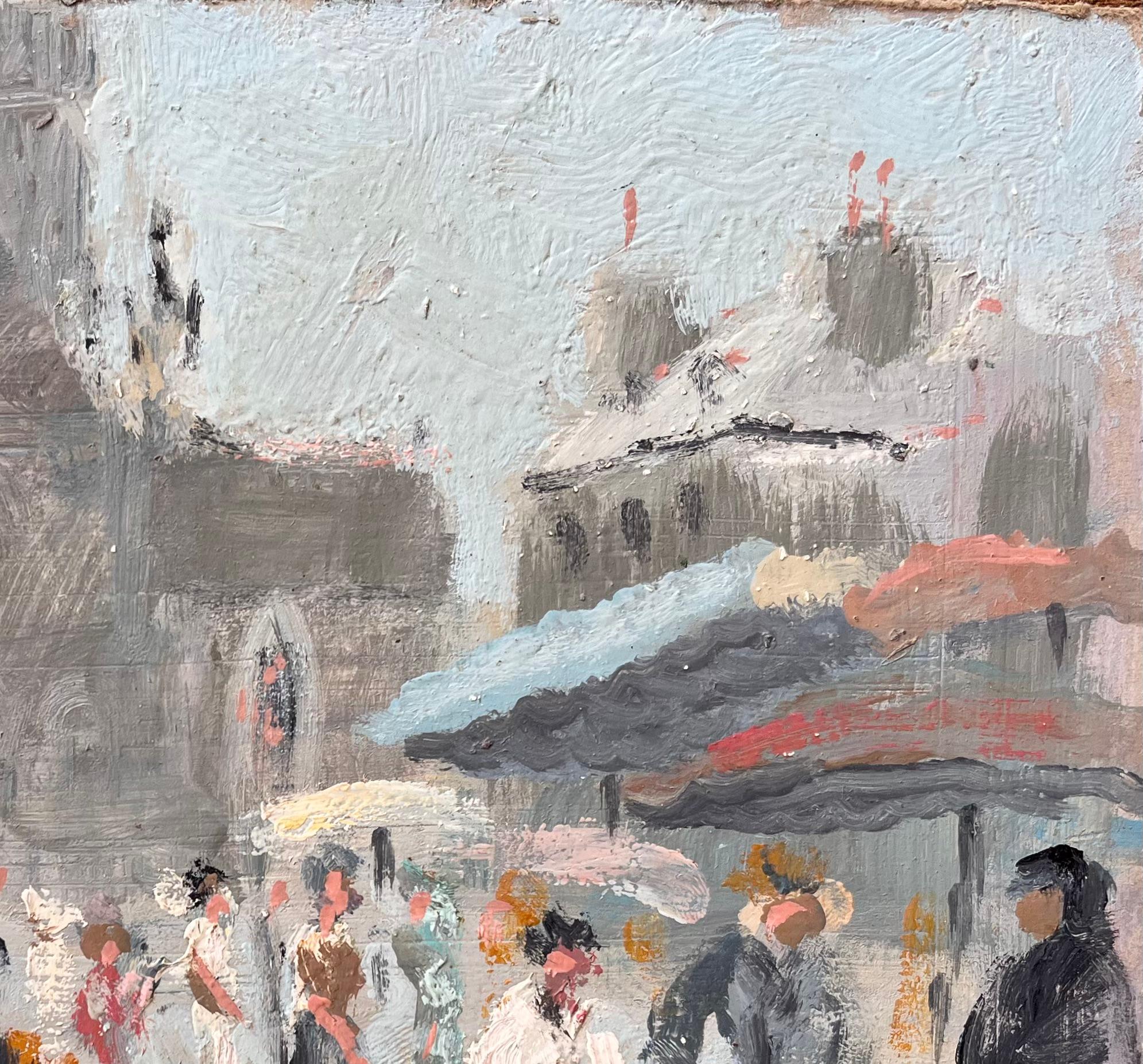 Scène de marché impressionniste française à Dinan avec église et personnages en vente 1