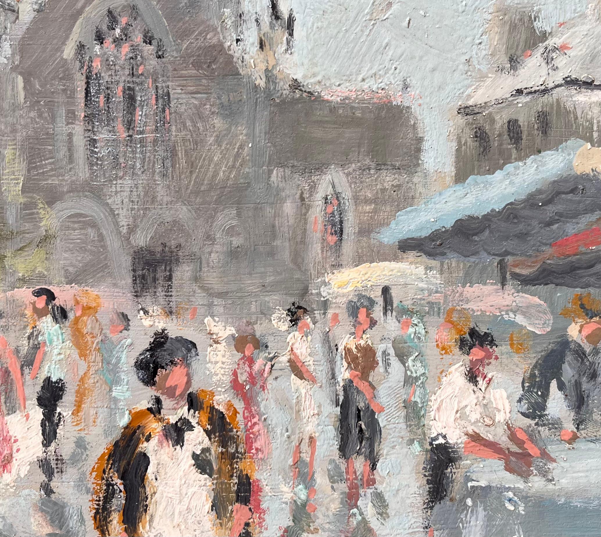 Scène de marché impressionniste française à Dinan avec église et personnages en vente 2