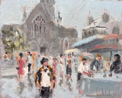 Vintage French Impressionist Market Scene at Dinan with Church and Figures
