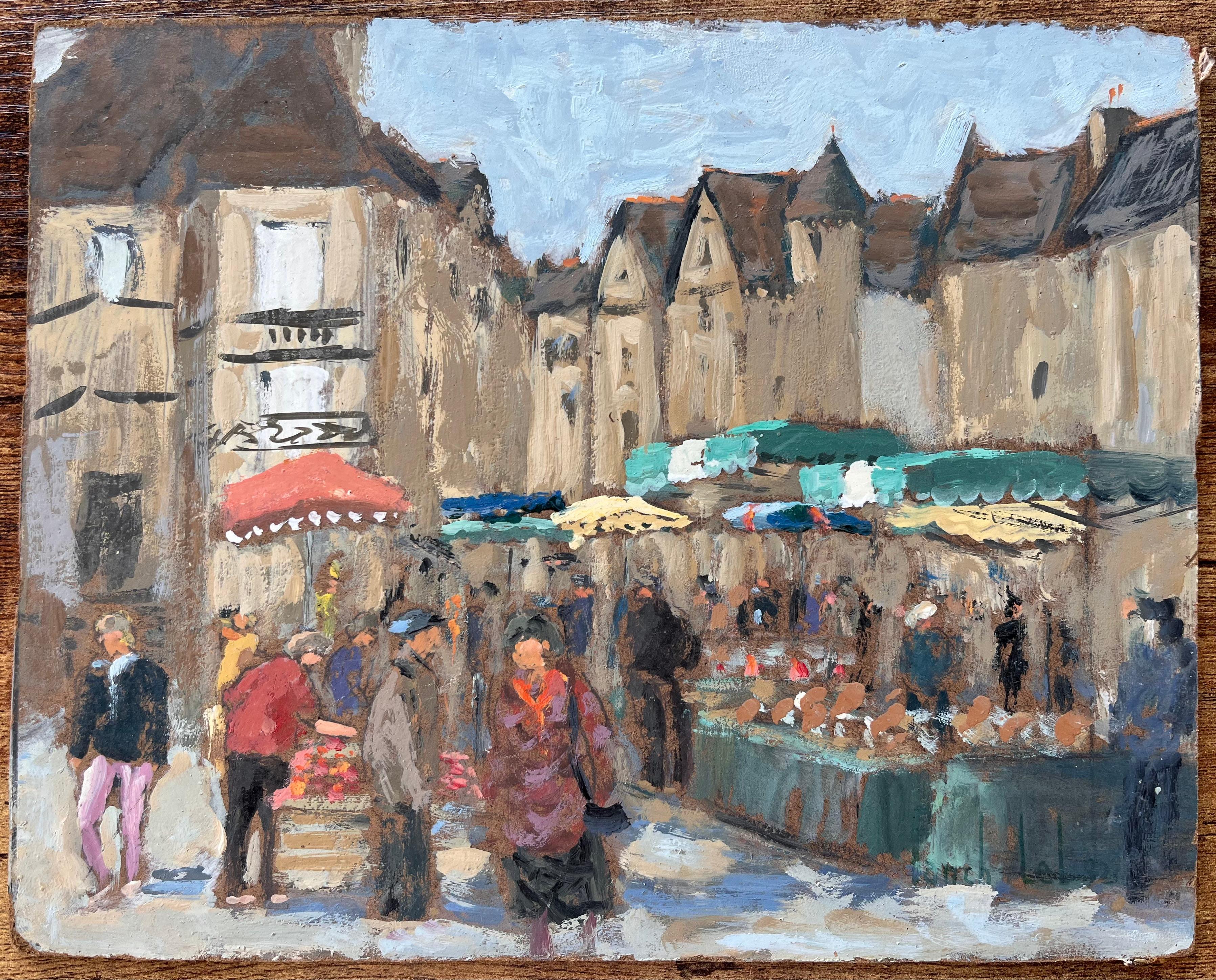 Französischer Impressionismus Marktszene in Sarlat Dordogne von Fanch Lel im Angebot 1