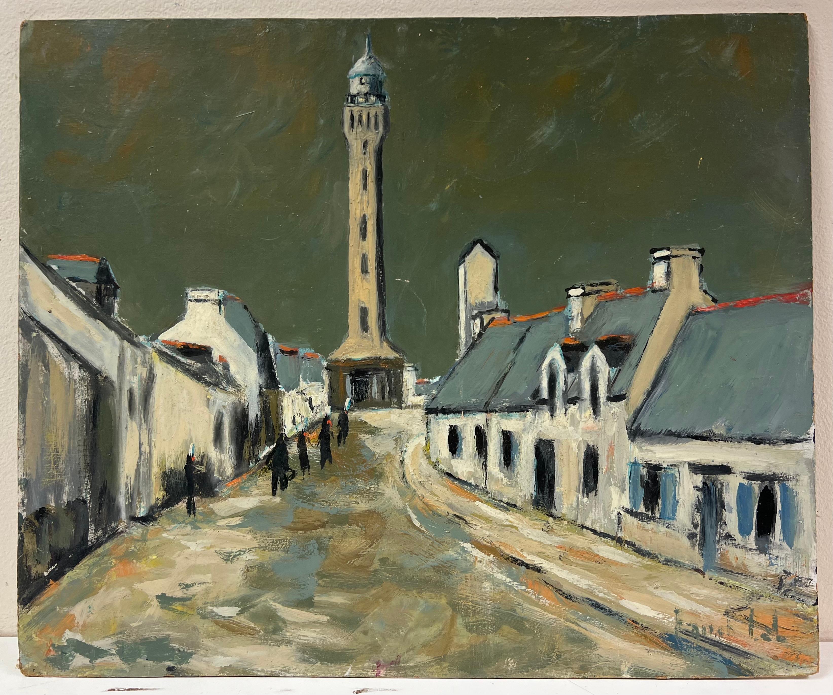 French Impressionist Moody Village Street Leading to a Tower Urban Landscpae - Painting by Fanch Lel