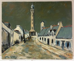 French Impressionist Moody Village Street Leading to a Tower Urban Landscpae