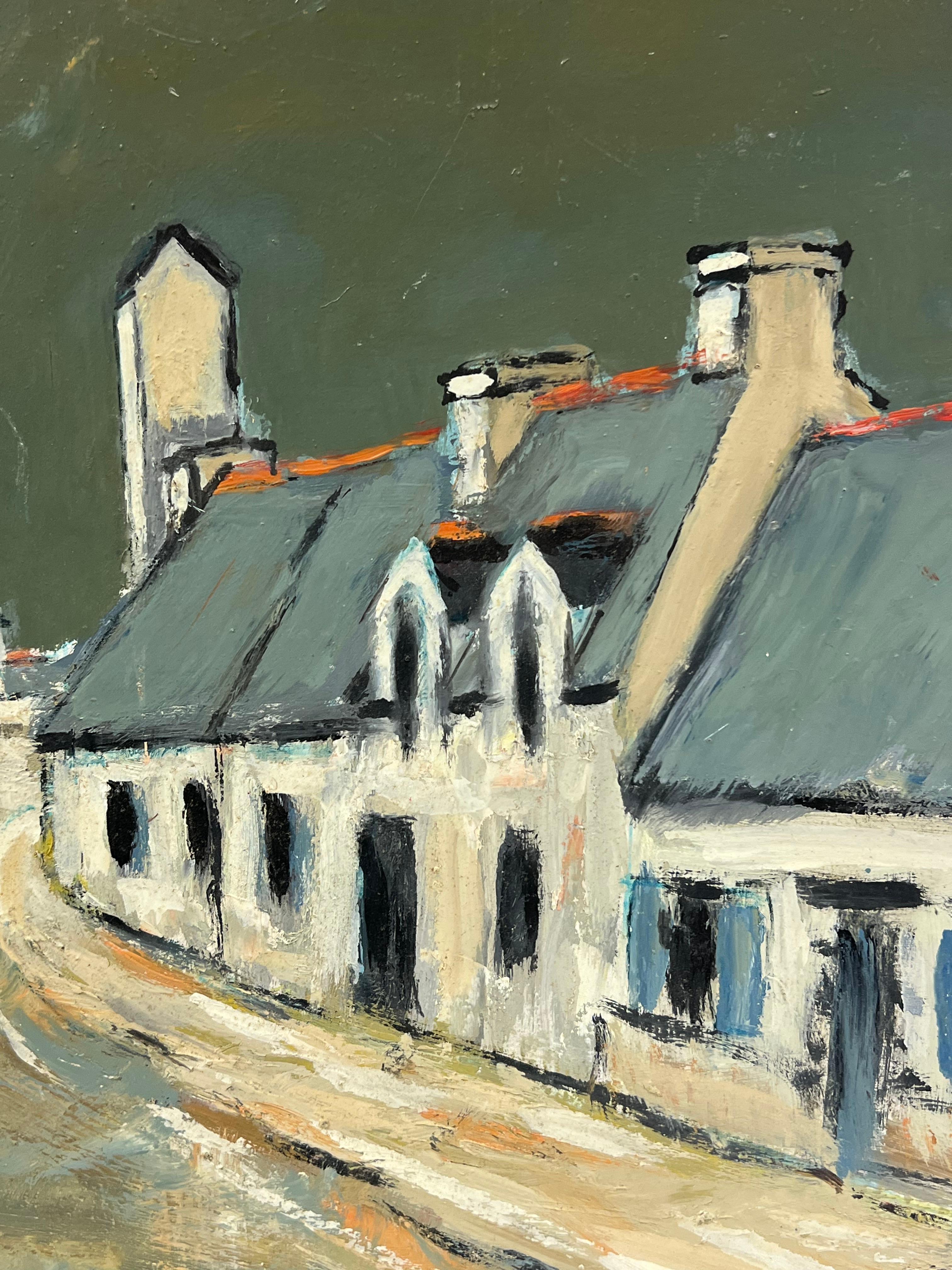 French Impressionist Moody Village Street Leading to a Tower Urban Landscpae - Gray Landscape Painting by Fanch Lel