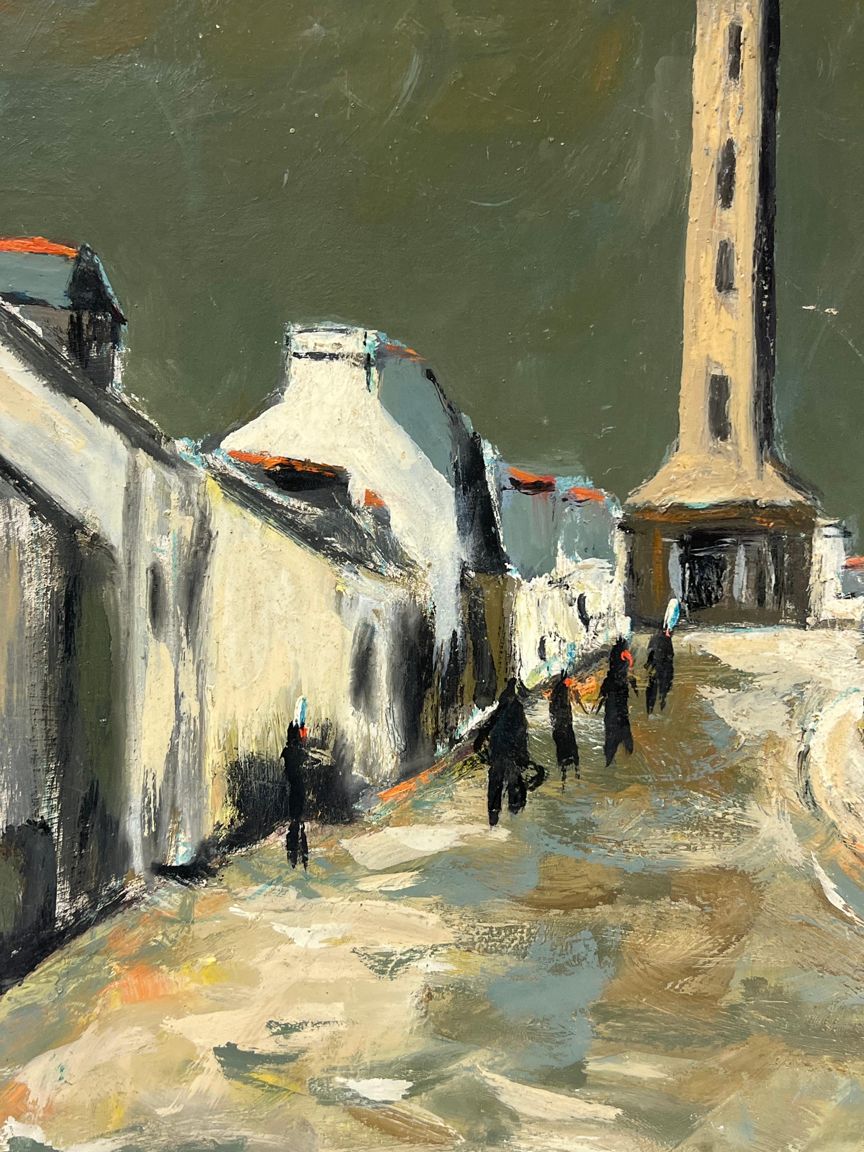 French Impressionist Moody Village Street Leading to a Tower Urban Landscpae For Sale 1