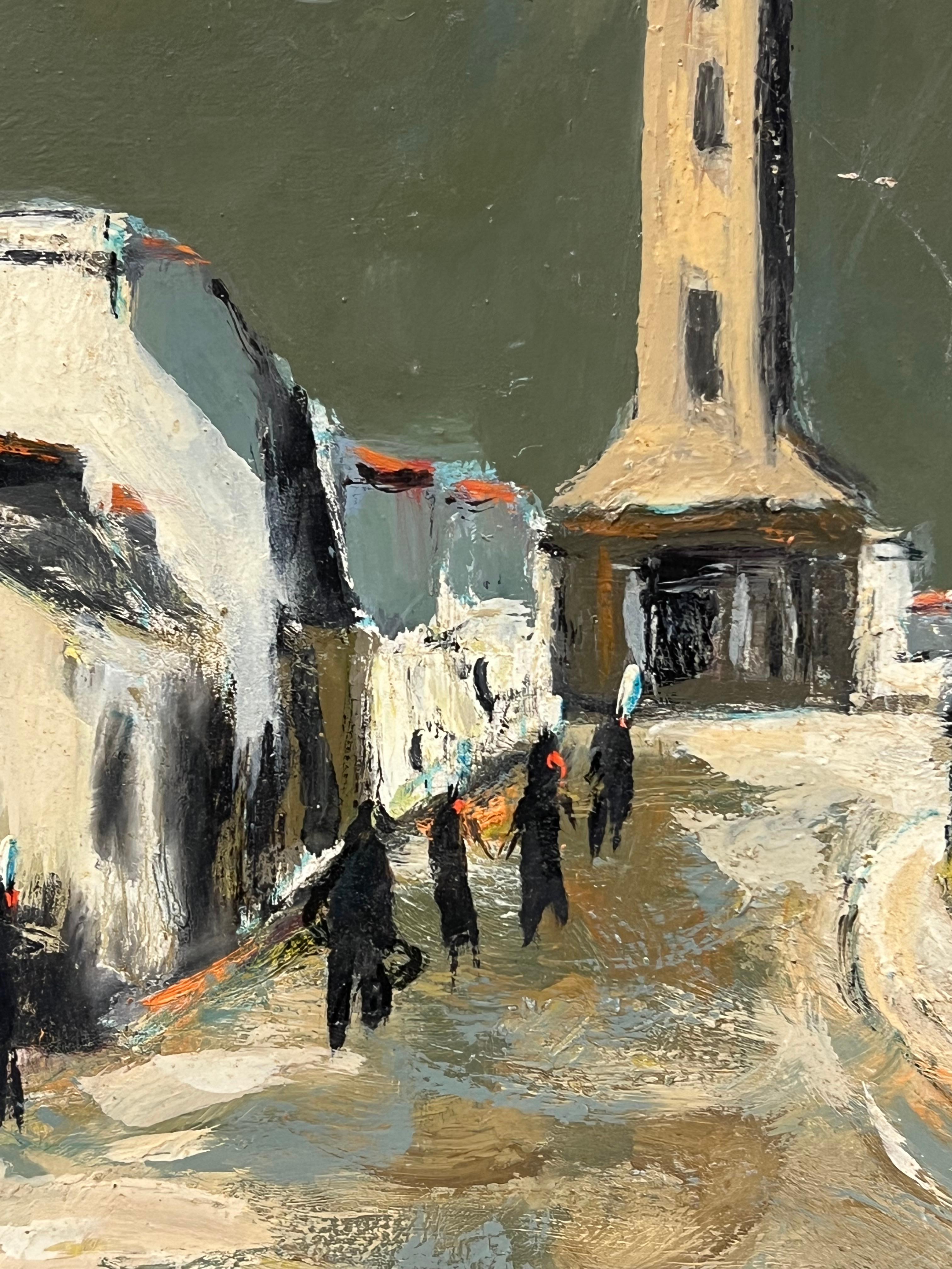 French Impressionist Moody Village Street Leading to a Tower Urban Landscpae For Sale 2