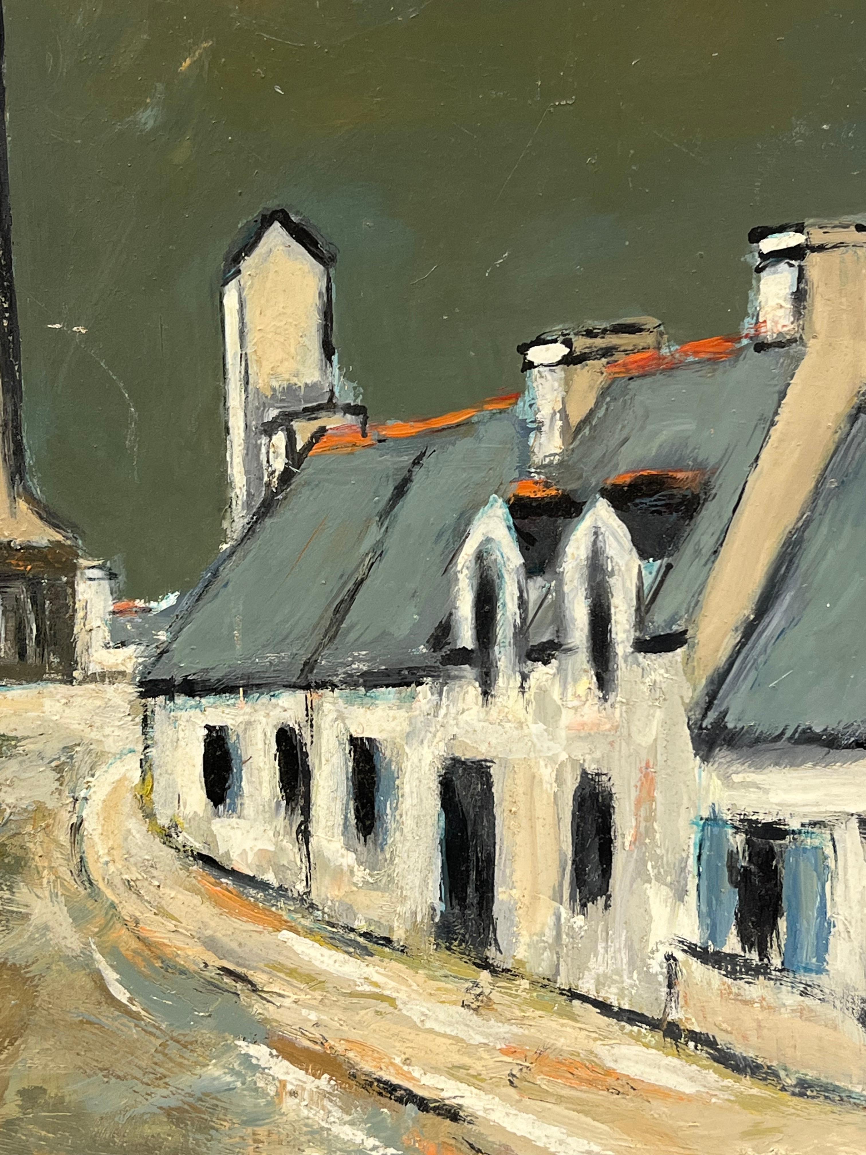 French Impressionist Moody Village Street Leading to a Tower Urban Landscpae For Sale 3