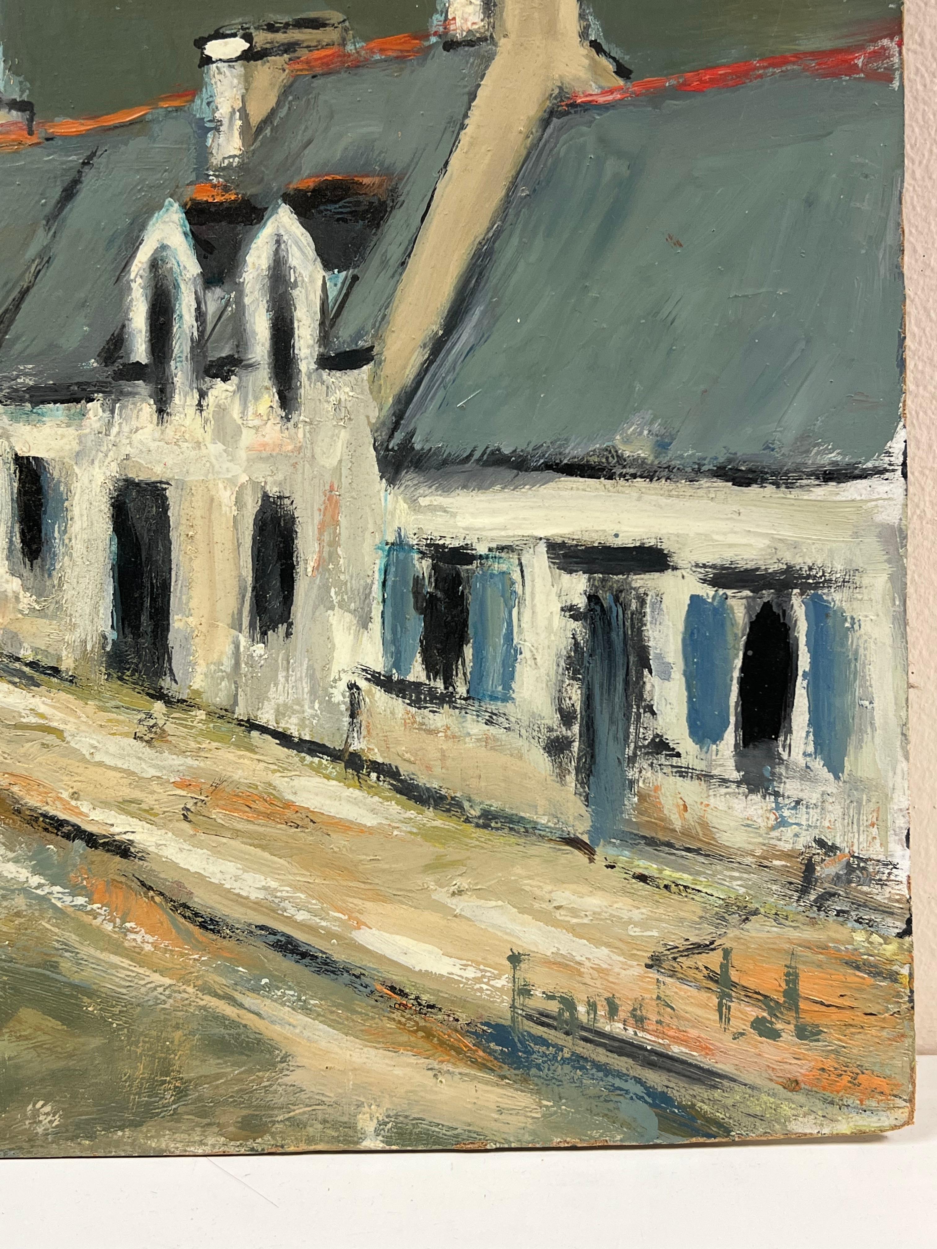 French Impressionist Moody Village Street Leading to a Tower Urban Landscpae For Sale 4