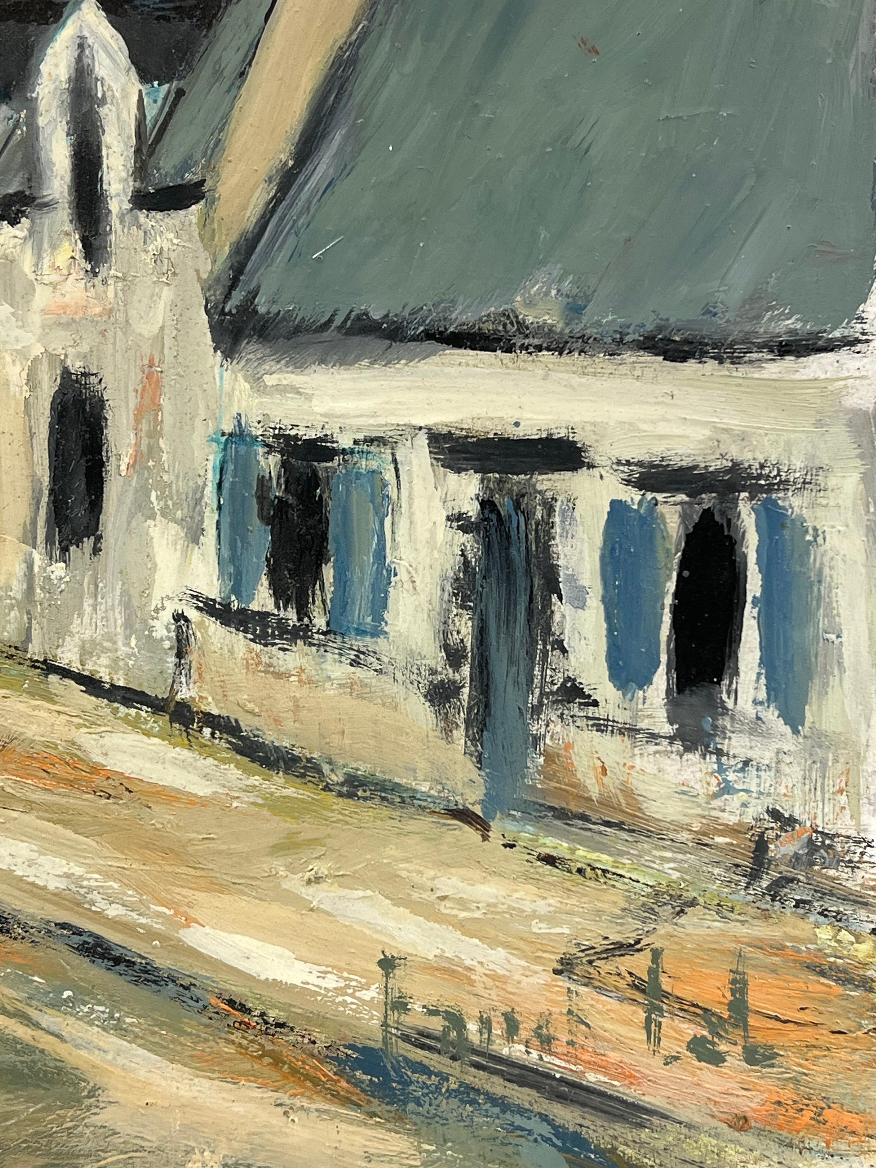 French Impressionist Moody Village Street Leading to a Tower Urban Landscpae For Sale 5