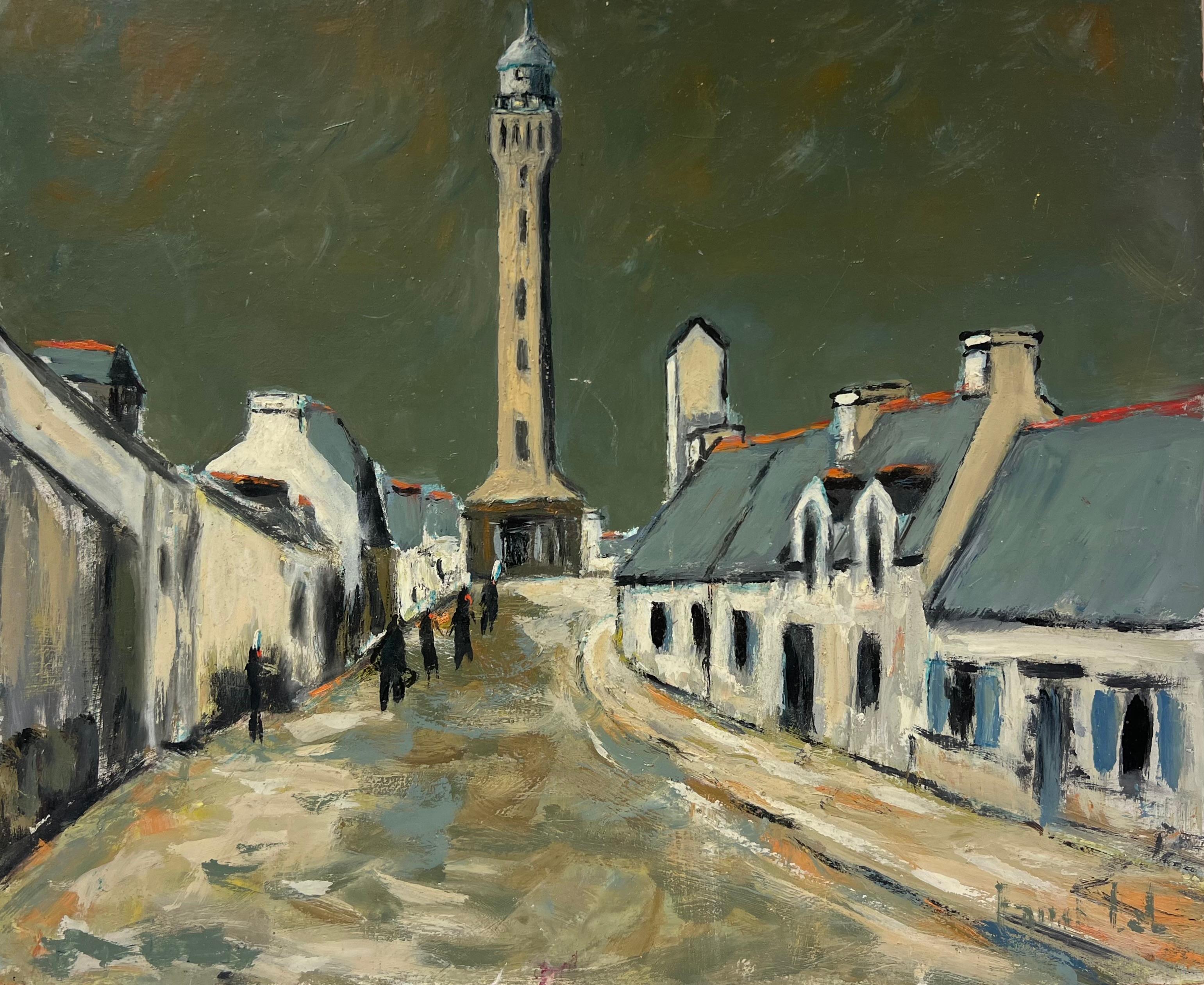 Französischer Impressionismus Moody Village Straße, die zu einem Turm führt Urban Landscpae