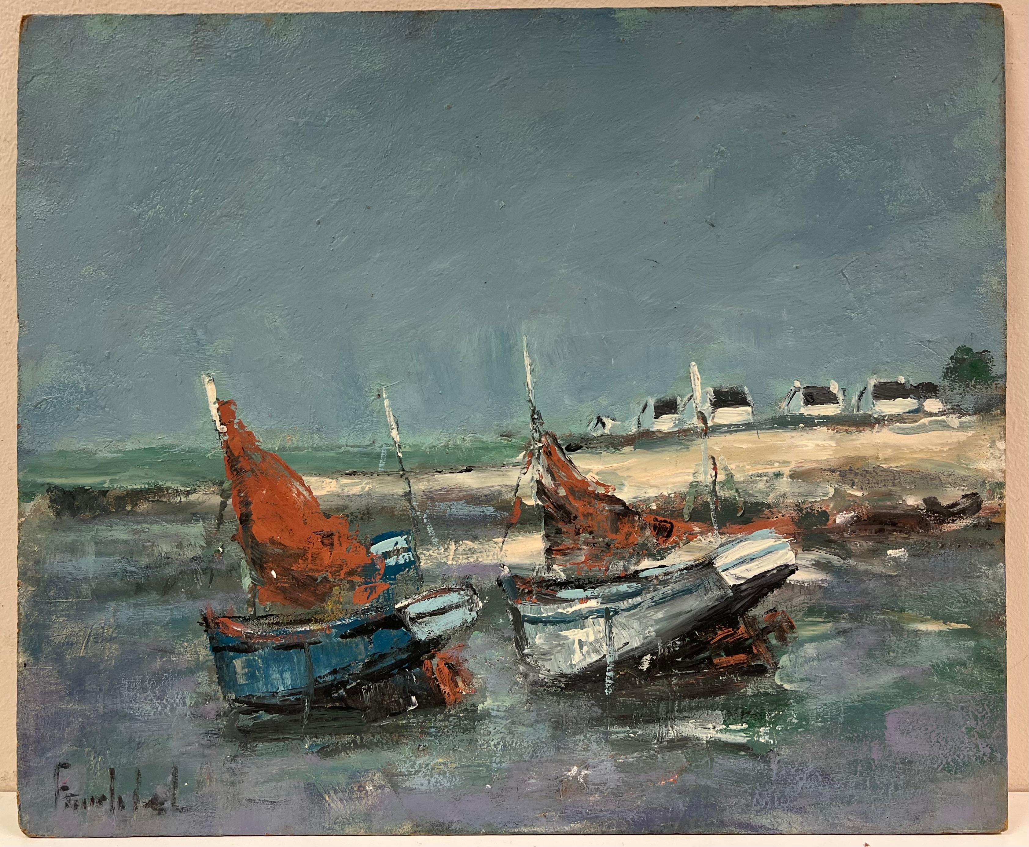 Impressionista francese che ormeggia barche da pesca rosse sotto un cielo tempestoso - Painting di Fanch Lel