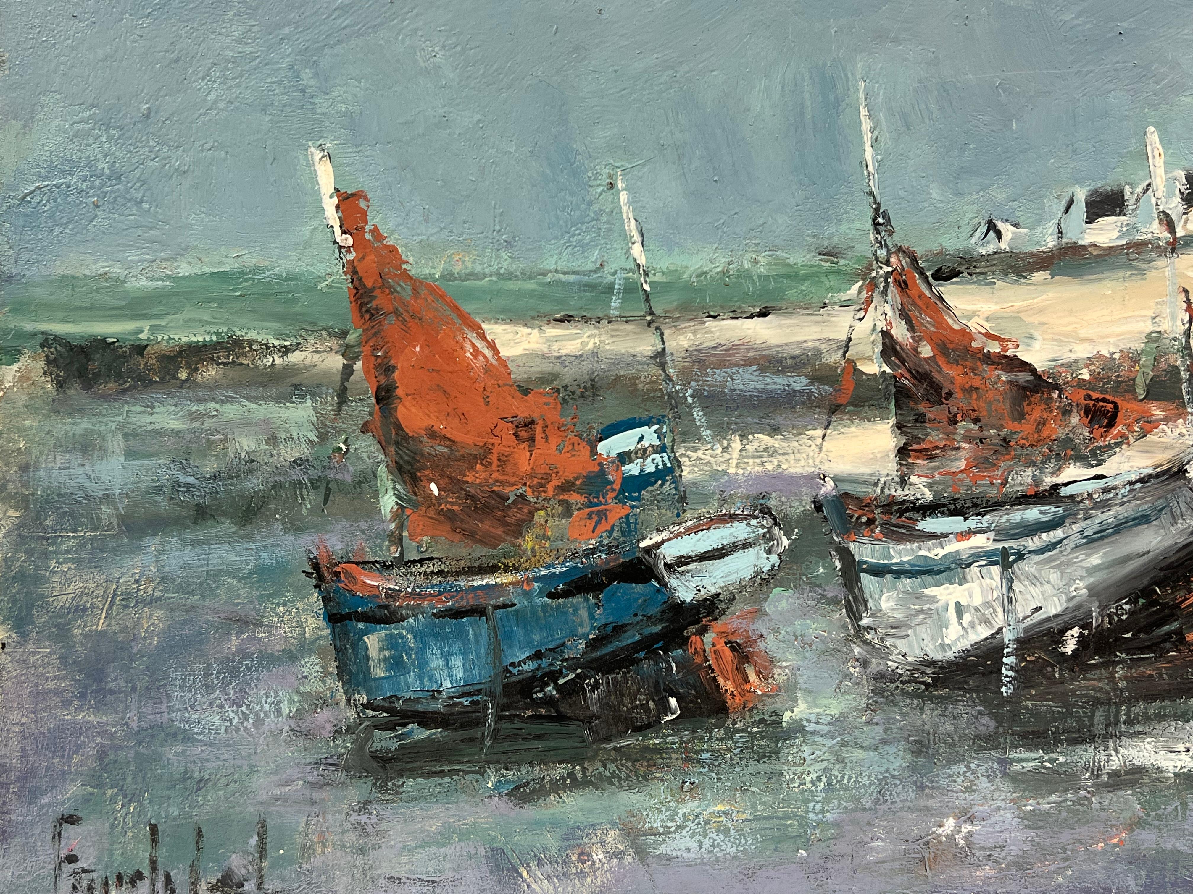 Impressionista francese che ormeggia barche da pesca rosse sotto un cielo tempestoso - Figurative Painting Grigio di Fanch Lel
