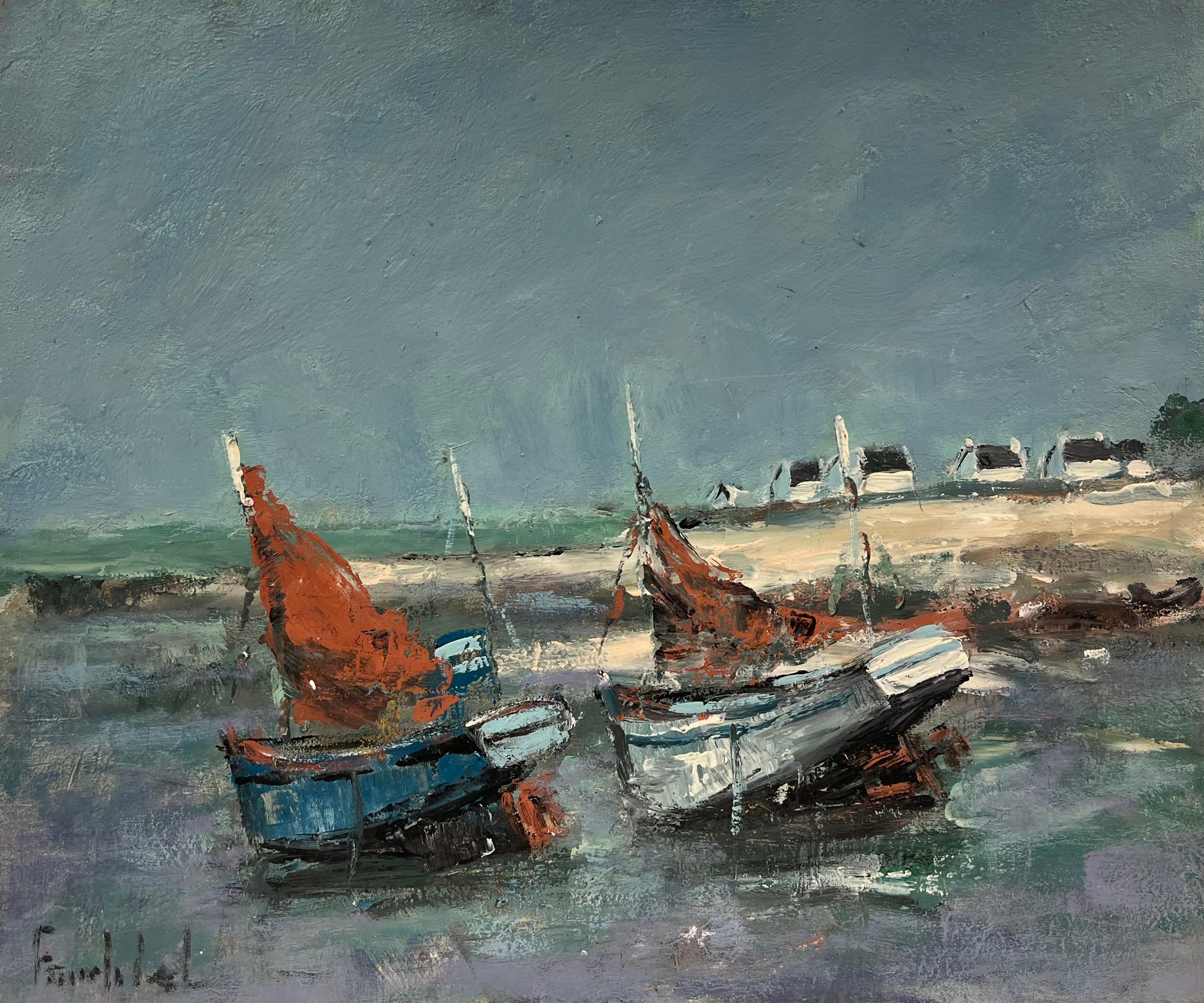 Figurative Painting di Fanch Lel - Impressionista francese che ormeggia barche da pesca rosse sotto un cielo tempestoso