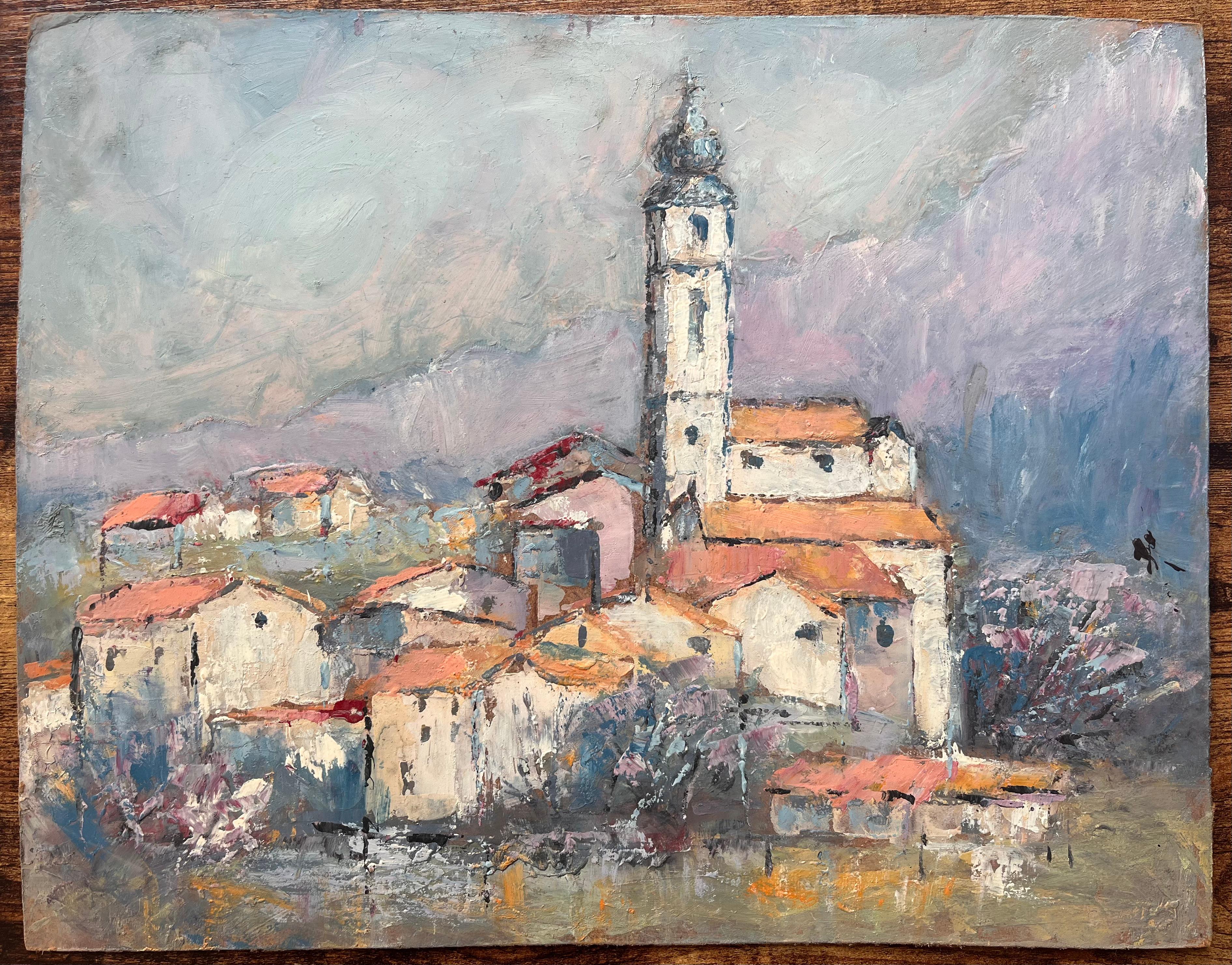 Französisch-impressionistisches Bergdorf mit Kirchturm und roten Ziegeldächern – Painting von Fanch Lel