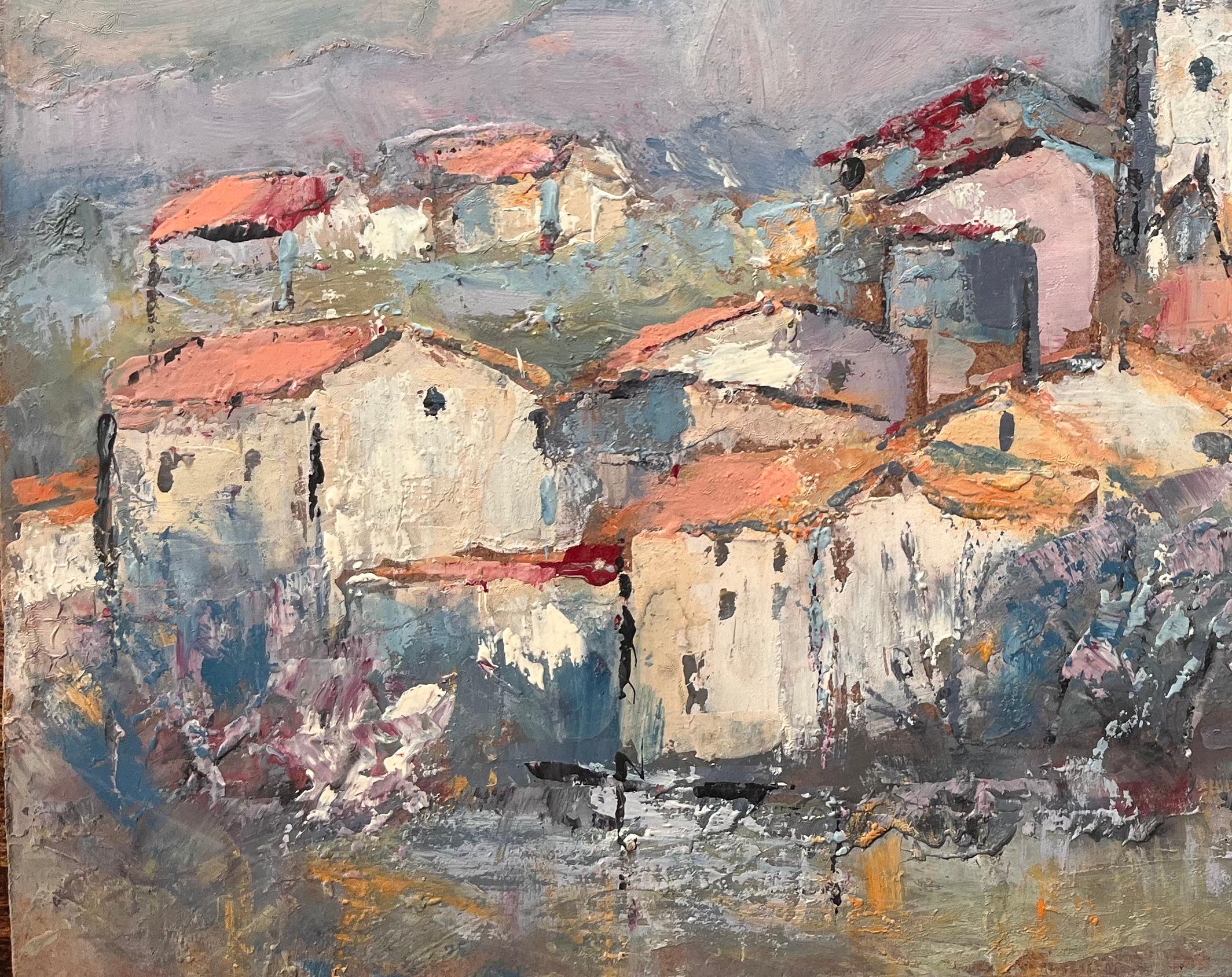 Französisch-impressionistisches Bergdorf mit Kirchturm und roten Ziegeldächern (Impressionismus), Painting, von Fanch Lel