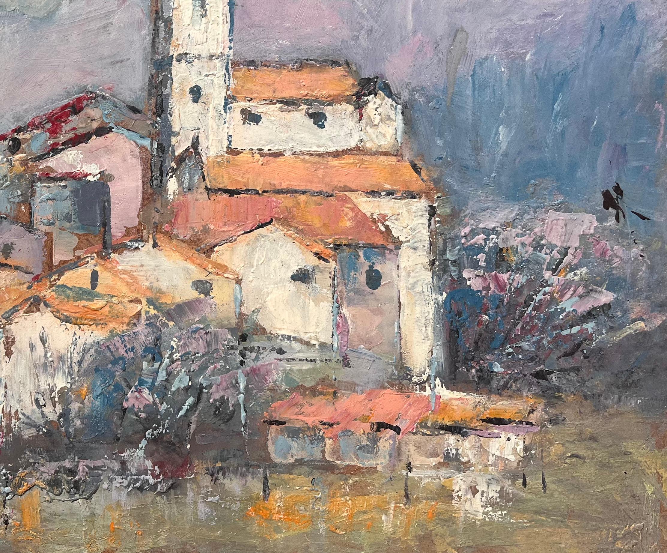 Französisch-impressionistisches Bergdorf mit Kirchturm und roten Ziegeldächern (Grau), Abstract Painting, von Fanch Lel