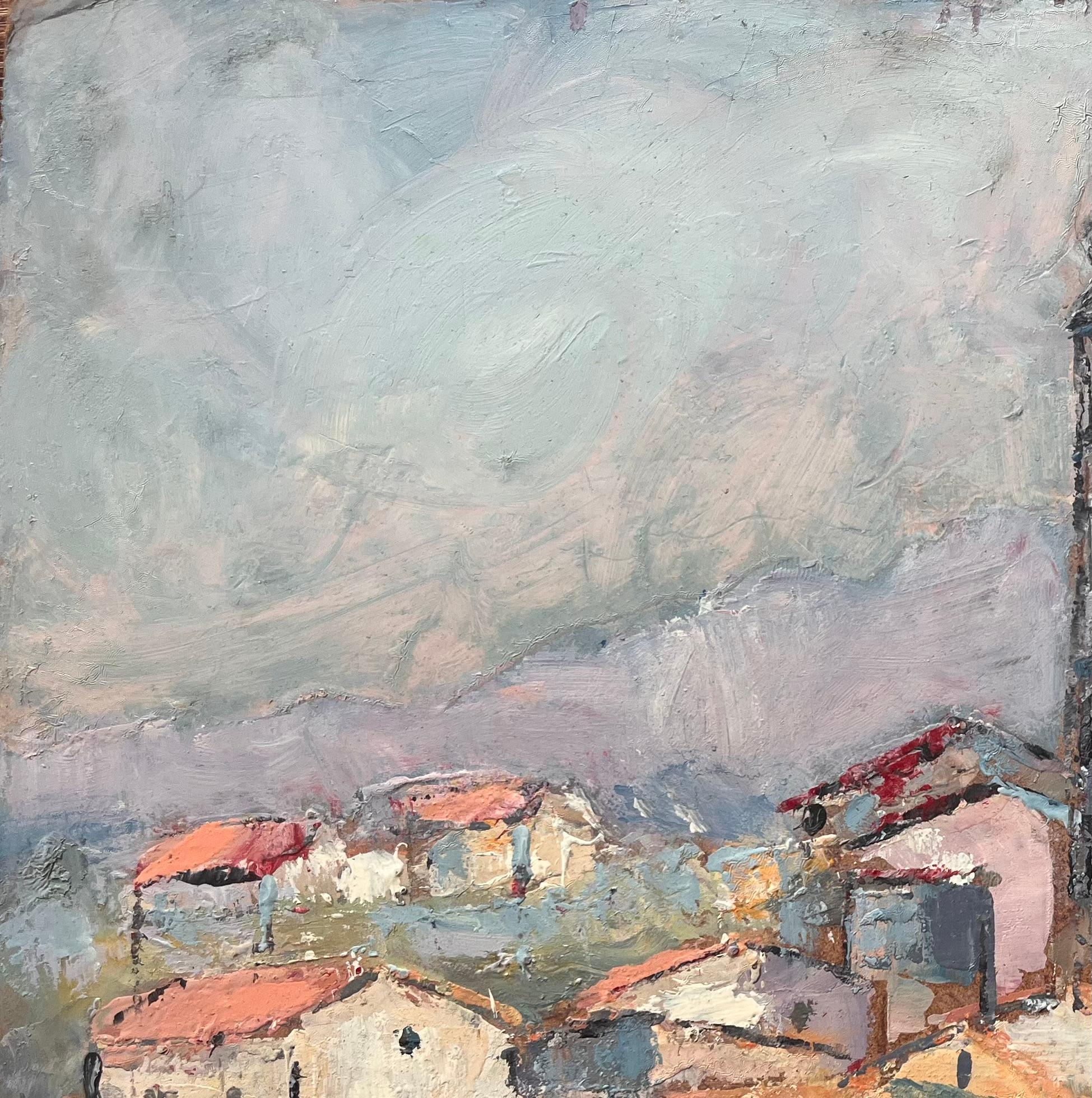 Französisch-impressionistisches Bergdorf mit Kirchturm und roten Ziegeldächern im Angebot 1