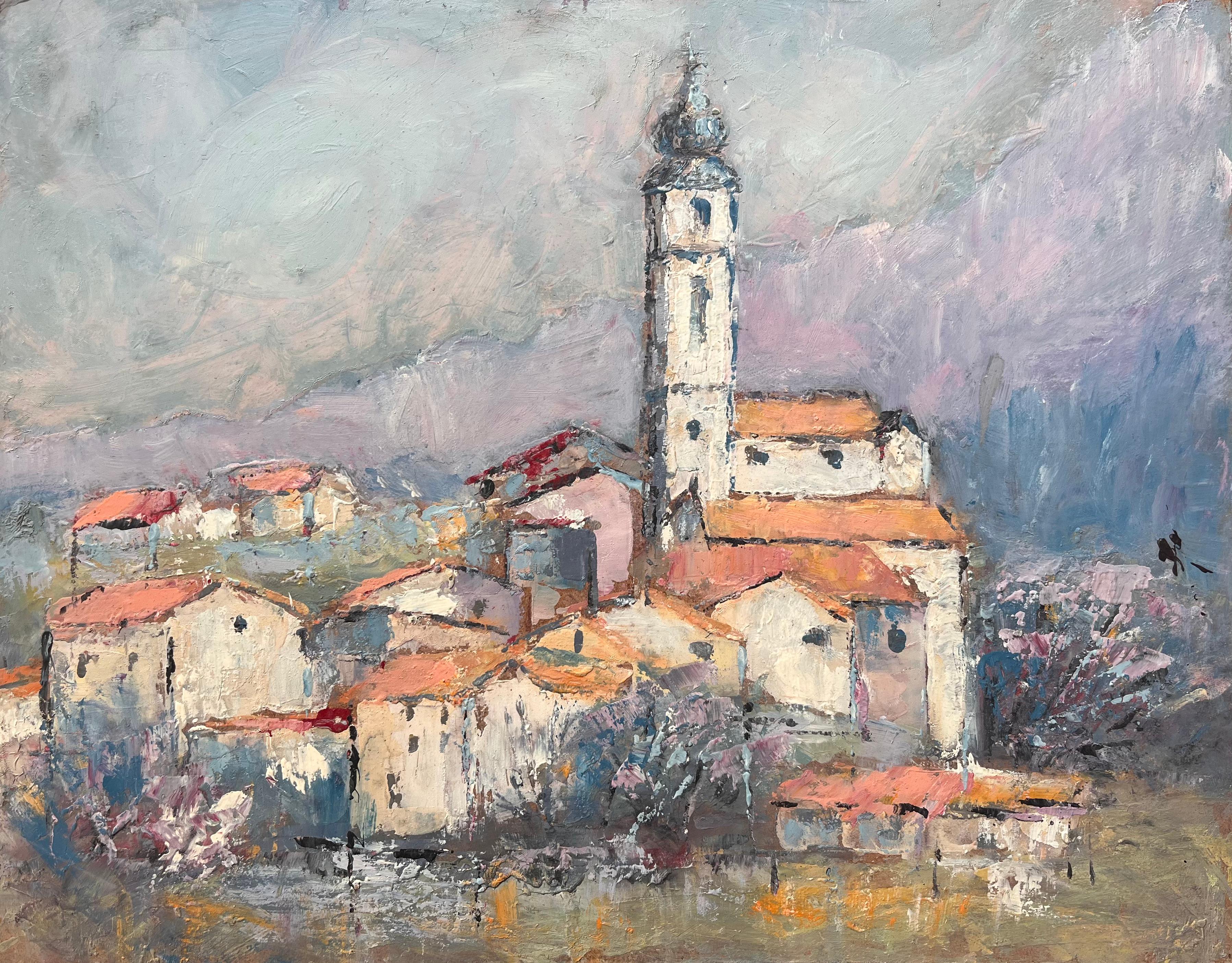 Fanch Lel Abstract Painting – Französisch-impressionistisches Bergdorf mit Kirchturm und roten Ziegeldächern