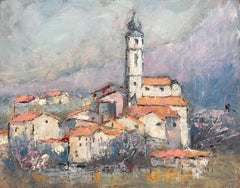 Used French Impressionist Mountain Village with Church Tower and Red Tiled Roofs