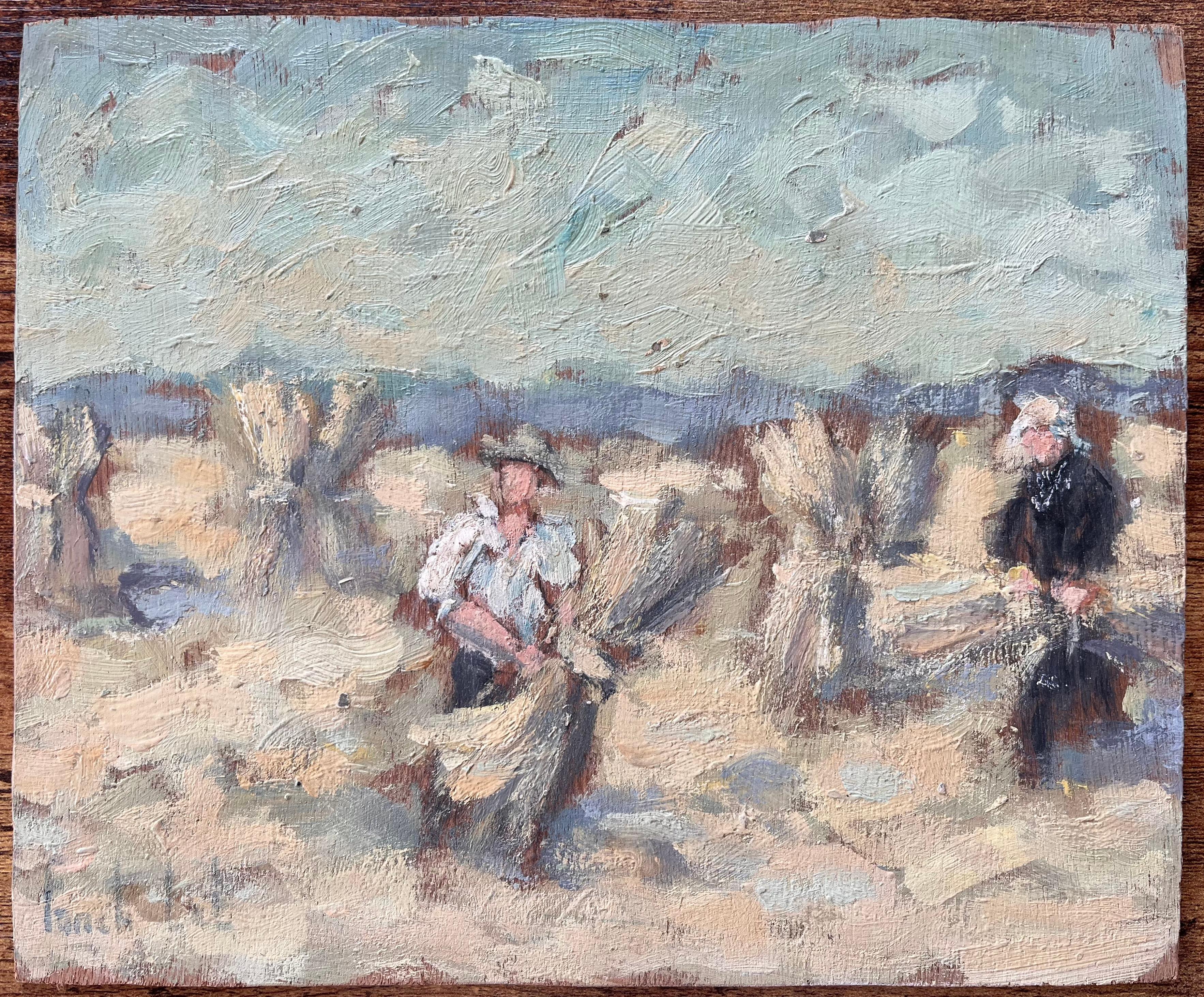 Französisches impressionistisches Ölgemälde von Bauern bei der Weizenernte im Morgenlicht, Öl – Painting von Fanch Lel