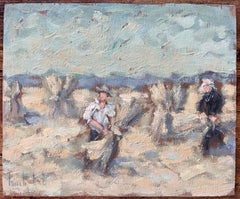French Impressionist Oil of Farmers Harvesting Wheat in Morning Light