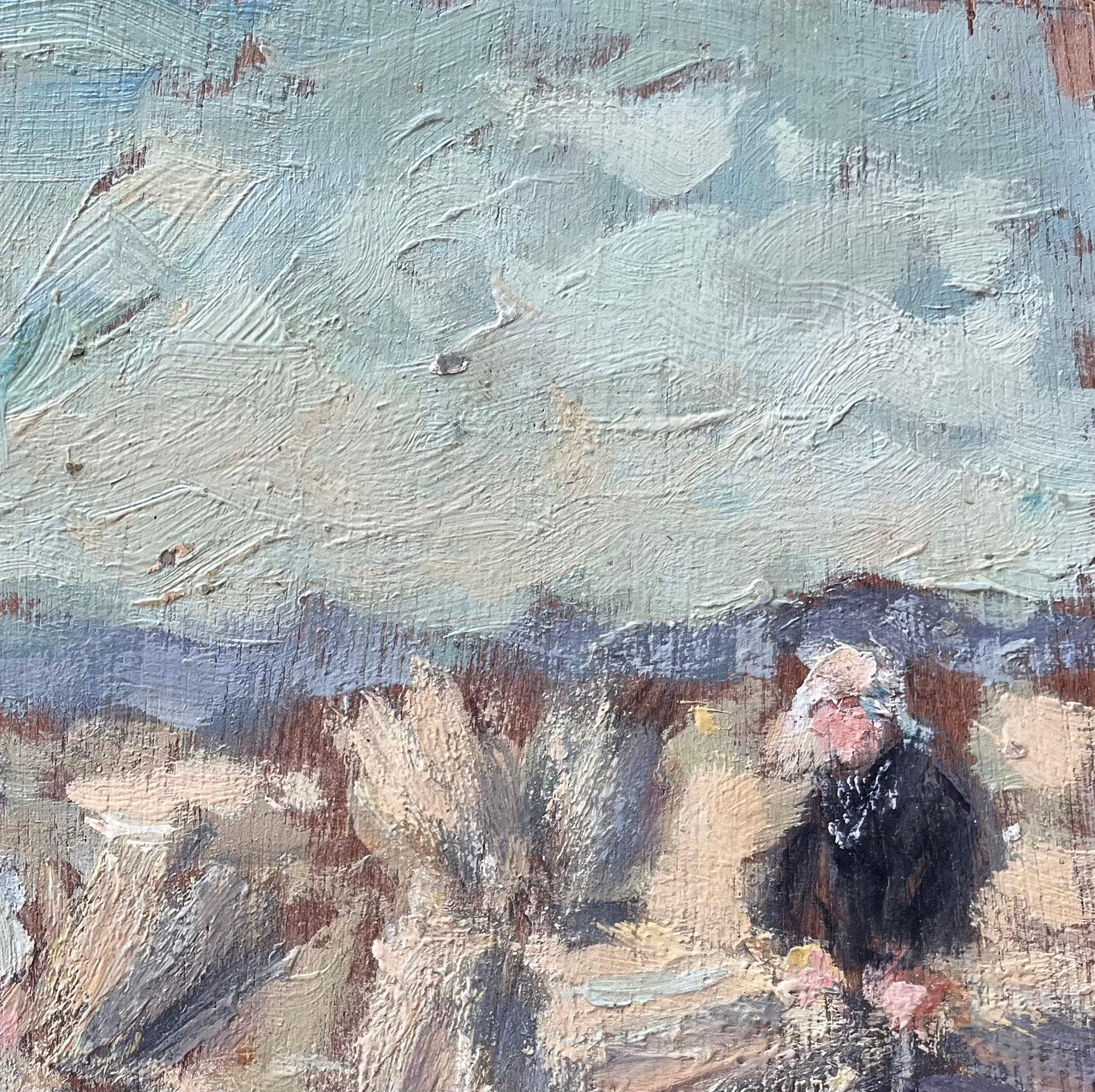 Französisches impressionistisches Ölgemälde von Bauern bei der Weizenernte im Morgenlicht, Öl (Grau), Landscape Painting, von Fanch Lel