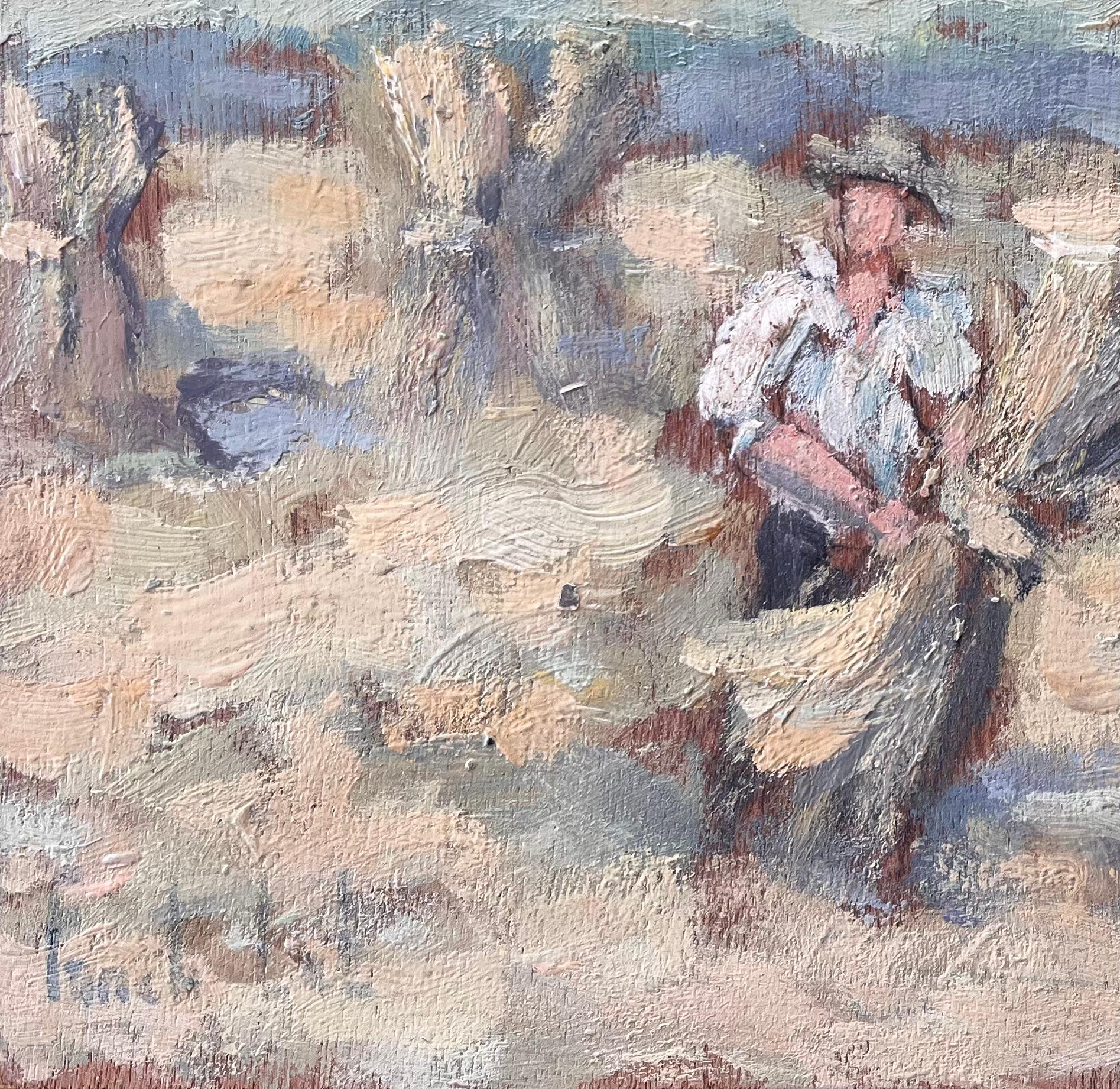 Titel: Französischer Impressionist Öl von Bauern bei der Weizenernte im Morgenlicht
Von Fanch Lel
Unterschrieben: Ja
Größe: 8,75 x 10,5 Zoll (Höhe x Breite)
Ölgemälde auf Karton, ungerahmt
Zustand: Das Gemälde ist in gutem Zustand mit